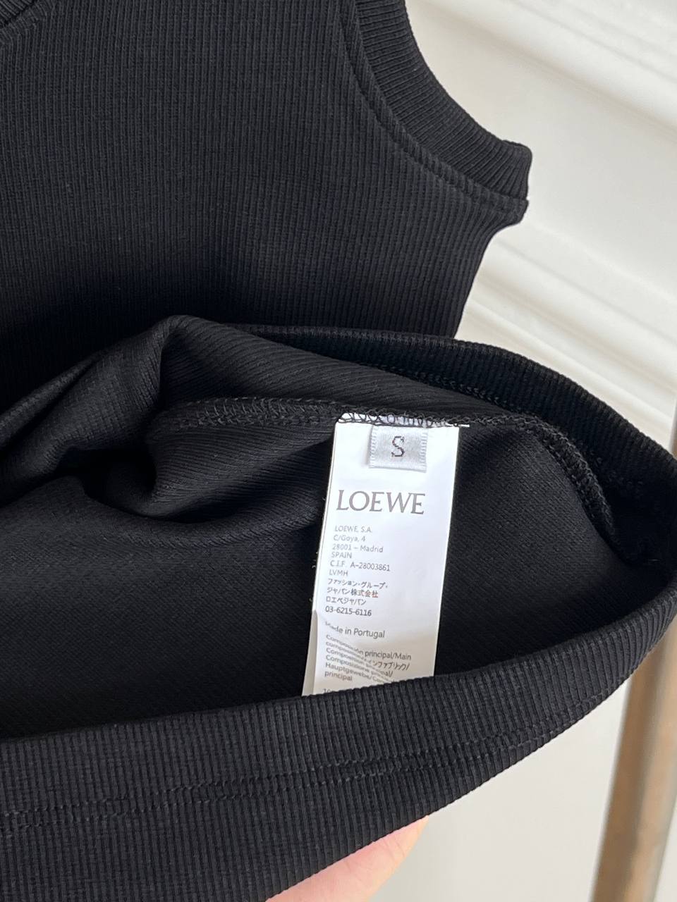 LOEWE Black Ribbed Knit U-Neck Wide Strap Tank Top With White Anagram Embroidery Logo