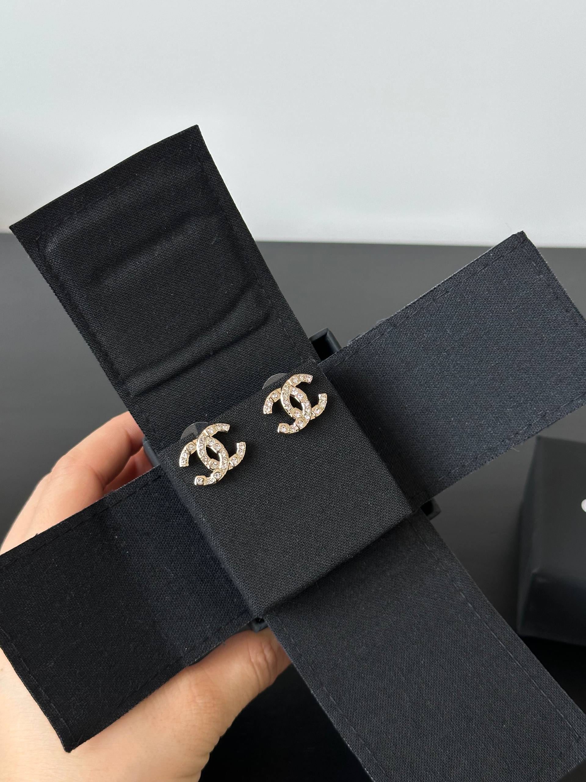 Chanel Classic Interlocking CC Crystal Stud Earrings