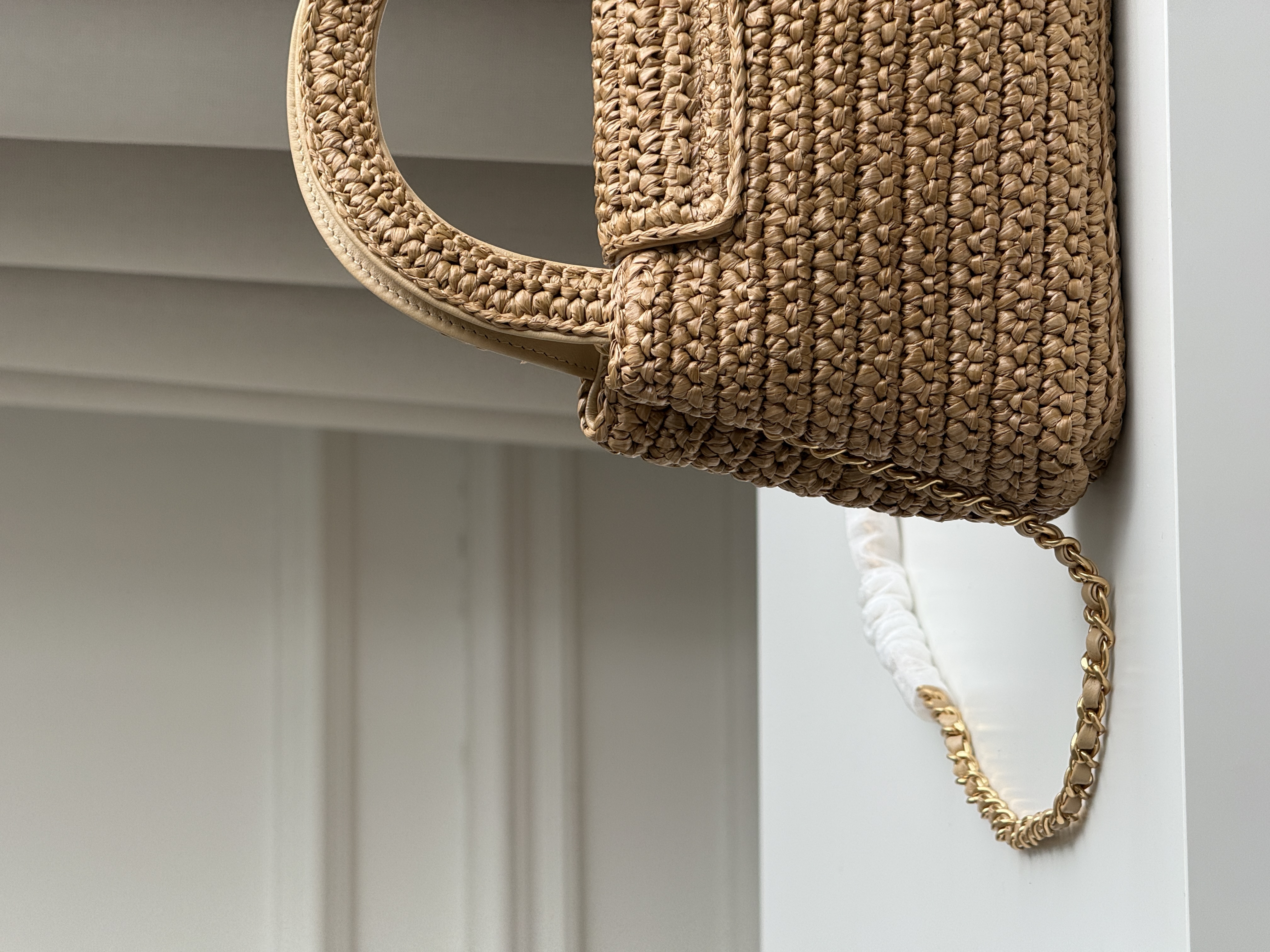 CHANEL Light Brown Raffia Woven Mini CC Flap Handbag