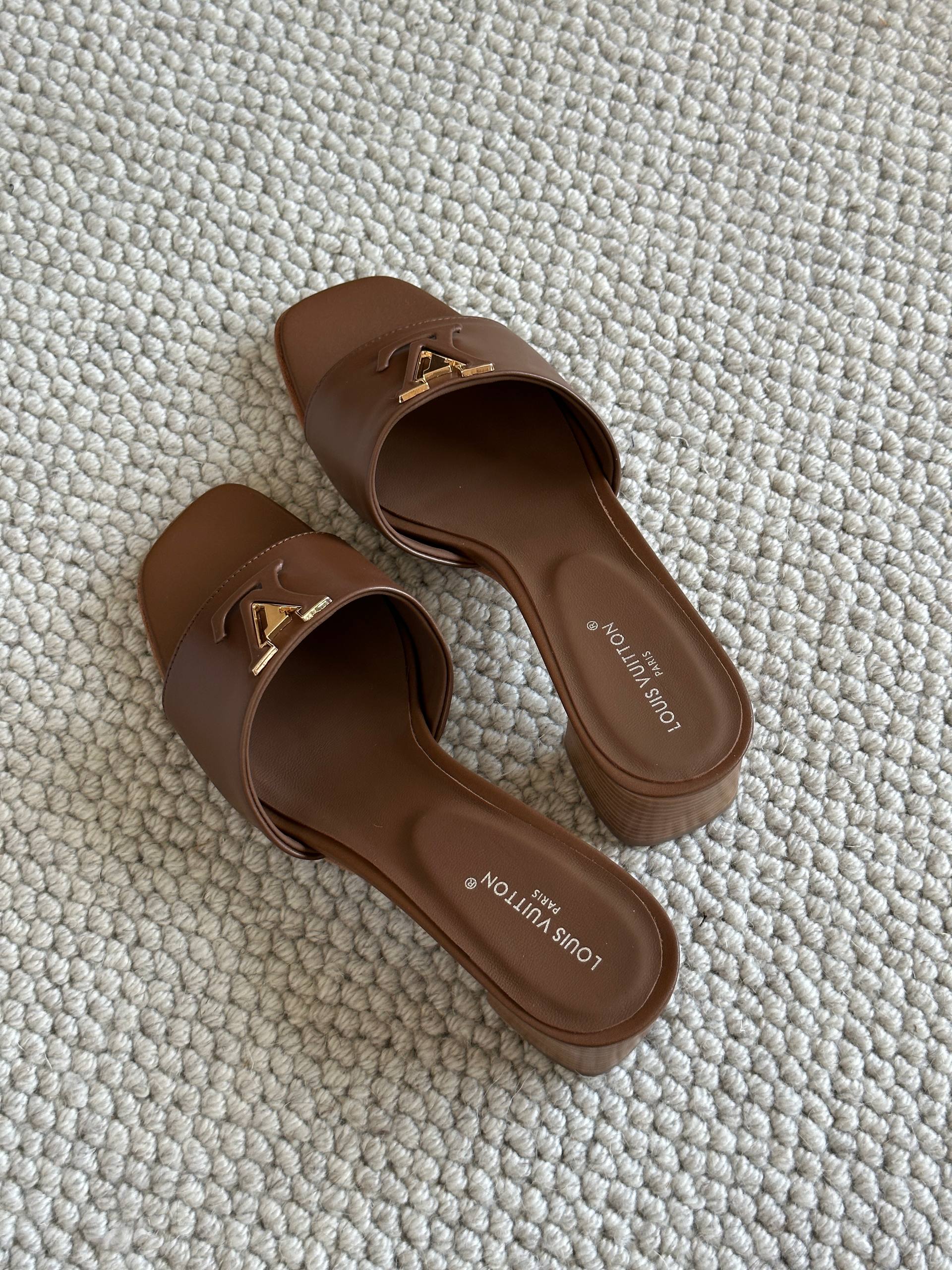 Louis Vuitton Dark Brown Calf Leather LV Logo Block Heel Mules