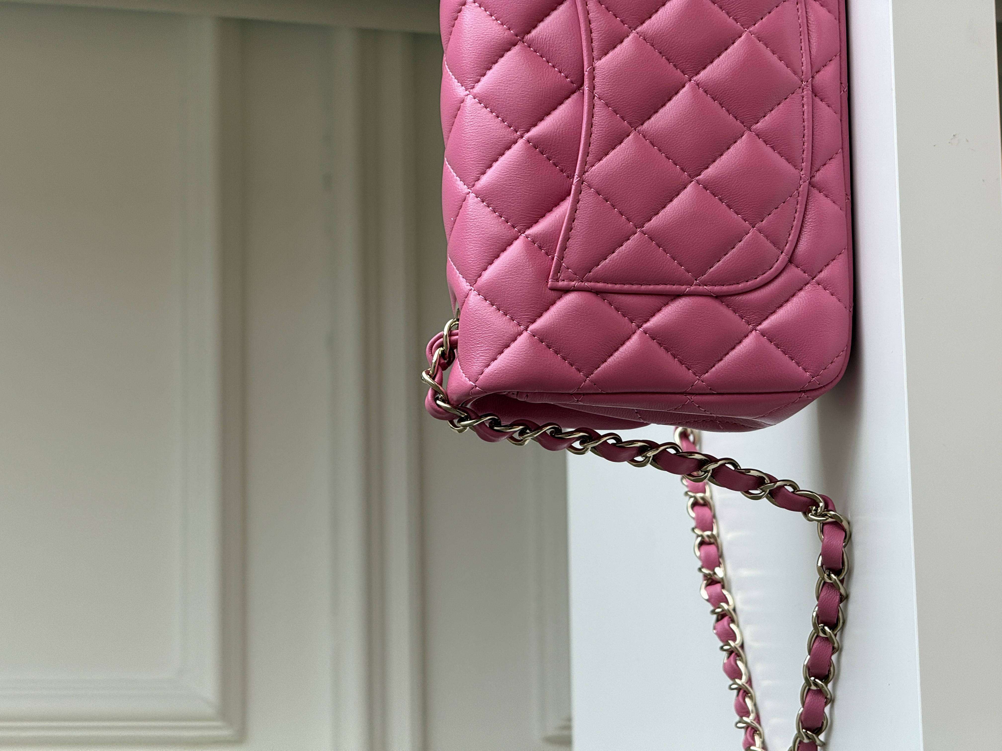 Chanel Hot Pink Lambskin Mini Classic Flap Gold CC Chain Bag
