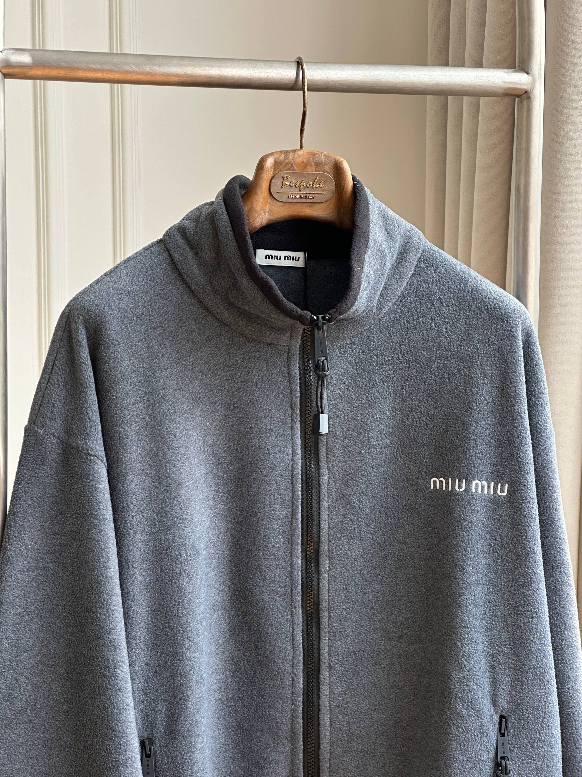 Miu Miu Grey Fleece Stand Collar Zipper Jacket