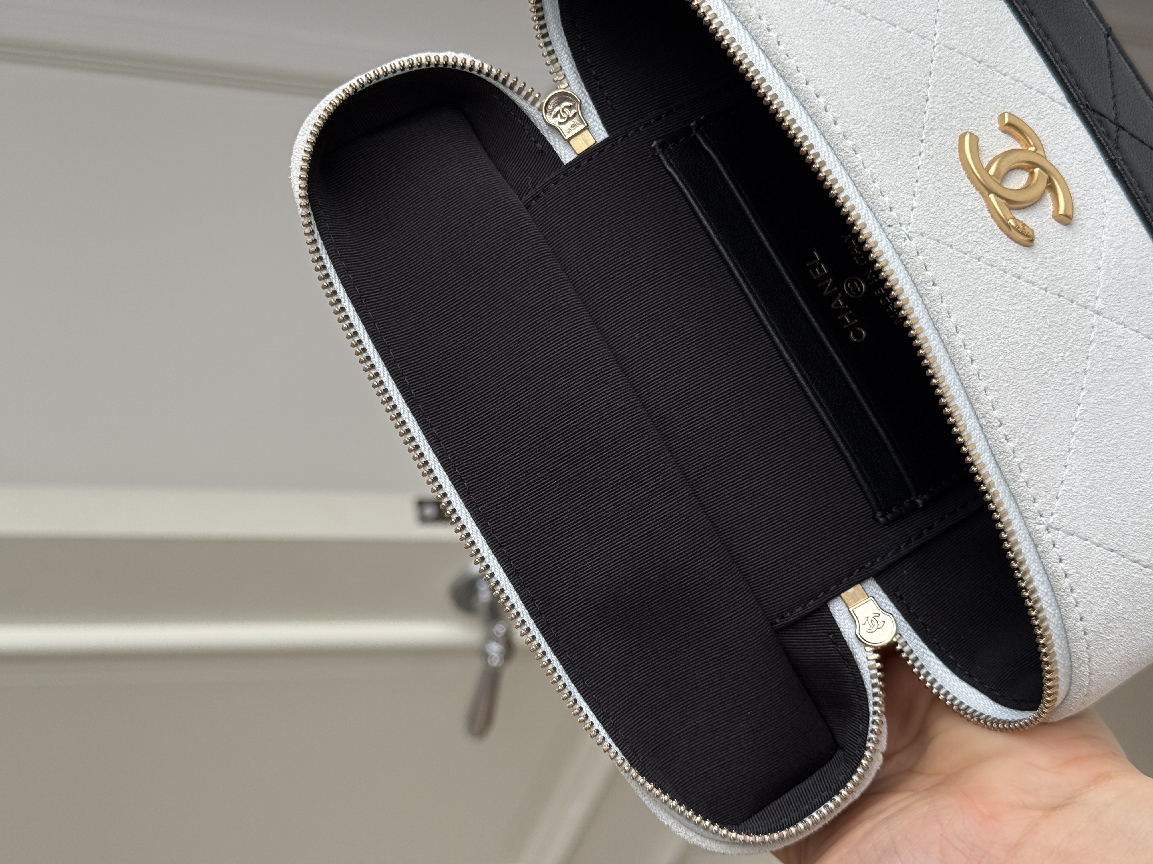 CHANEL Two-Tone Suede Quilted CC Handle Vanity Case Bag