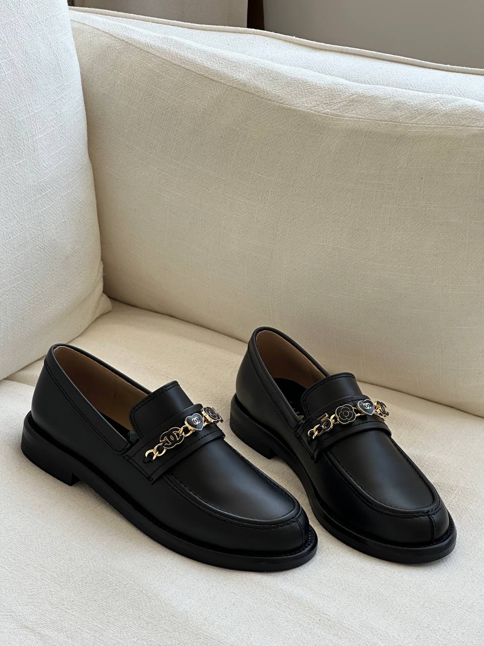 Chanel Smooth Leather Multi-motif Metal Ornament Block Heel Loafers