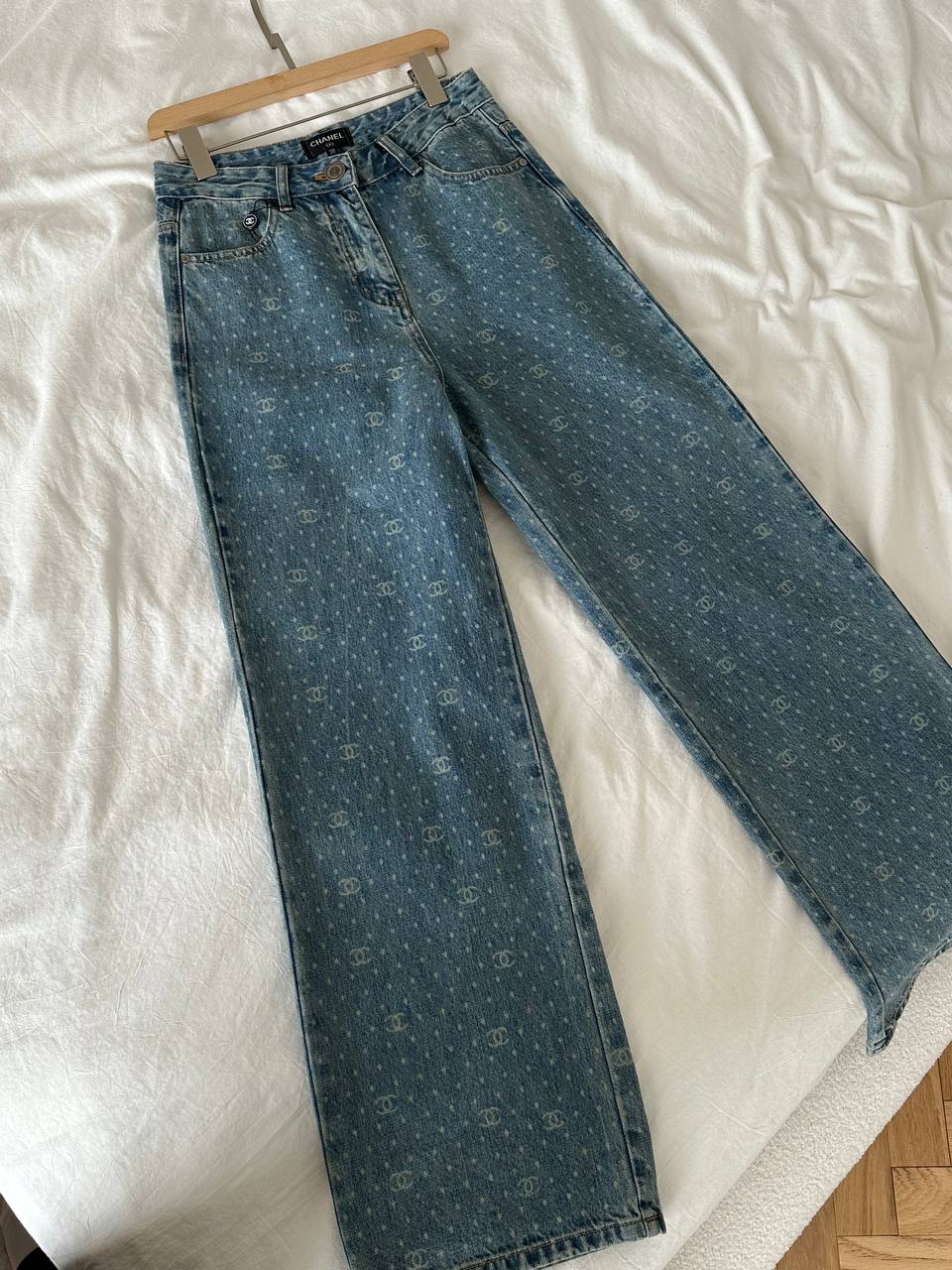 Chanel Light Wash Blue All Over Interlocking CC Polka Dot High Waist Wide Leg Jeans