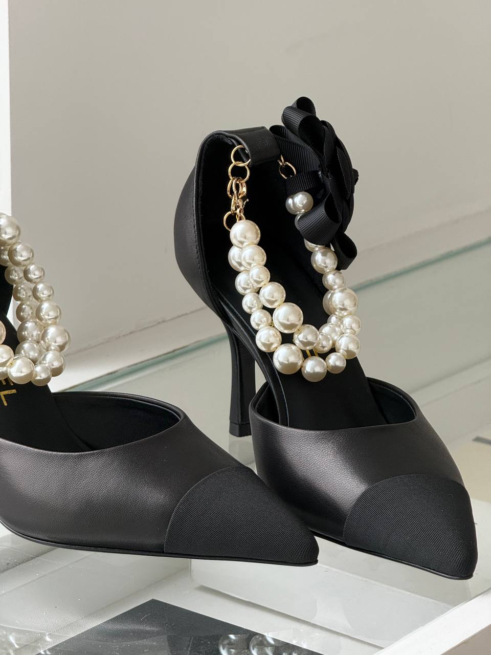 CHANEL Camellia Pearl Chain Pointed-Toe Heels