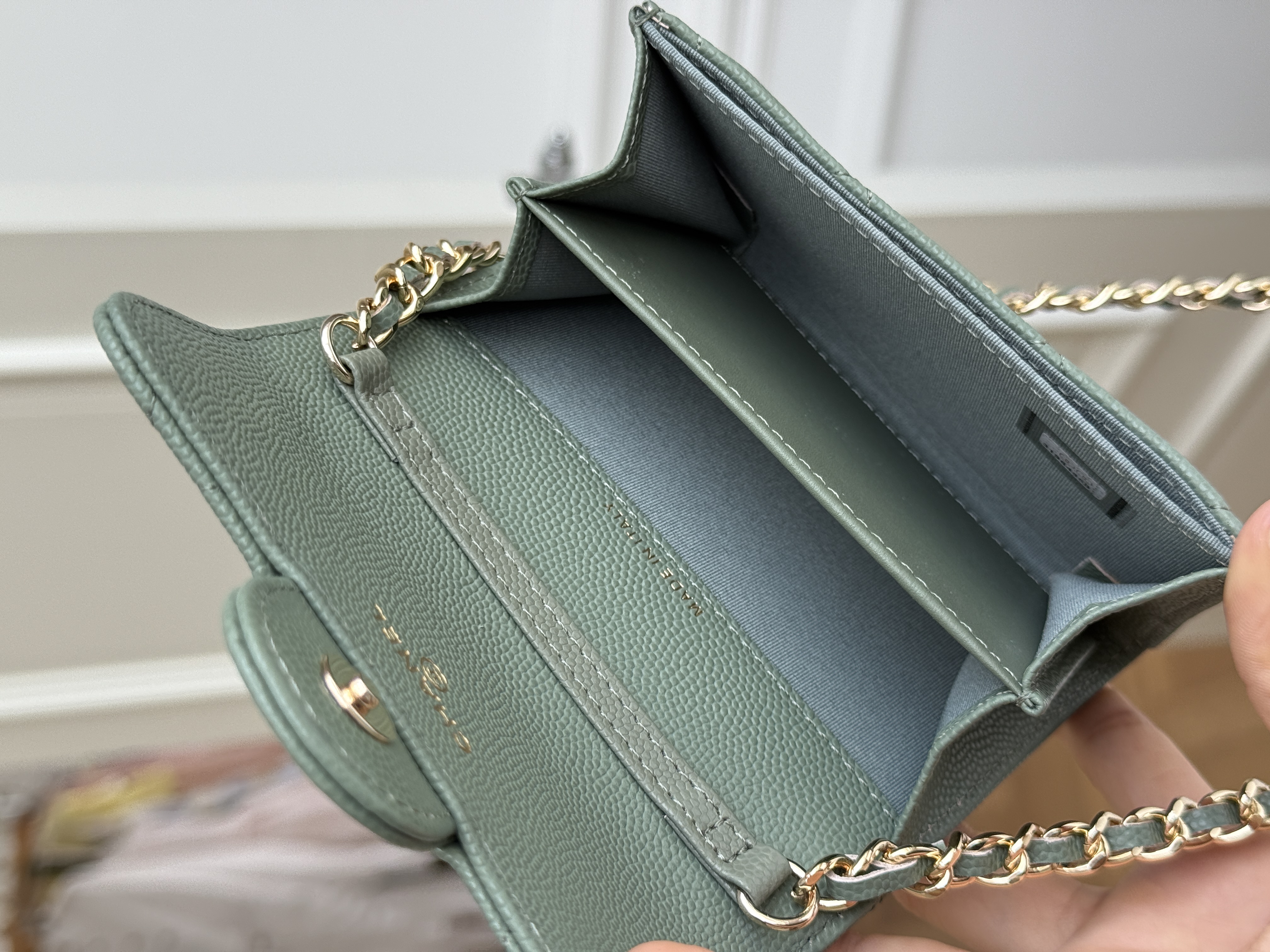 Chanel Sage Green Caviar Leather Mini Classic Flap Gold CC Chain Bag