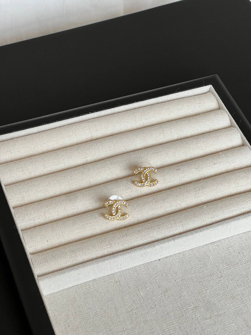 Chanel Light Gold Full Crystal Interlocking CC Stud Earrings