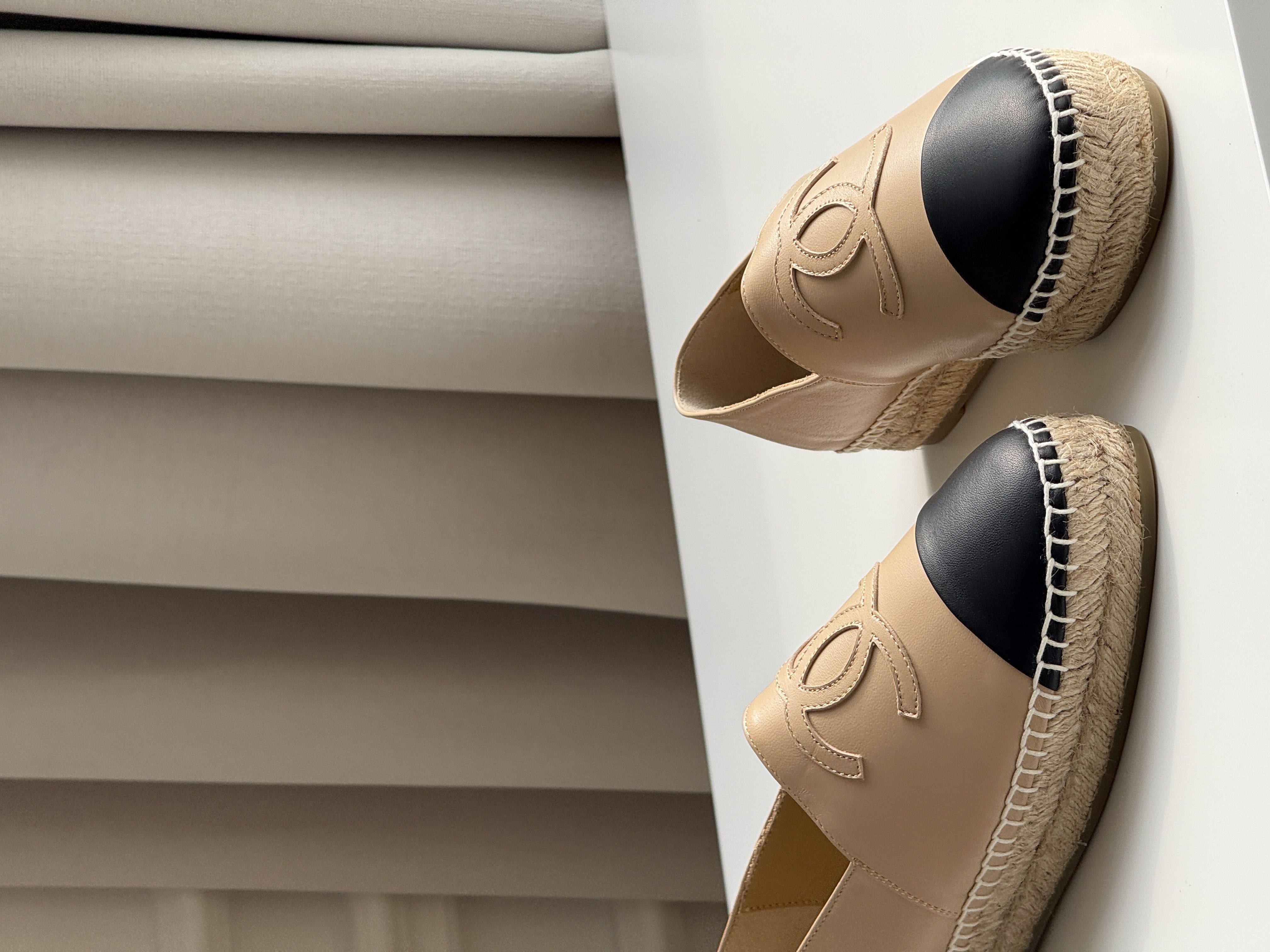 Chanel Beige & Black Lambskin Interlocking CC Embroidery Flat Espadrilles