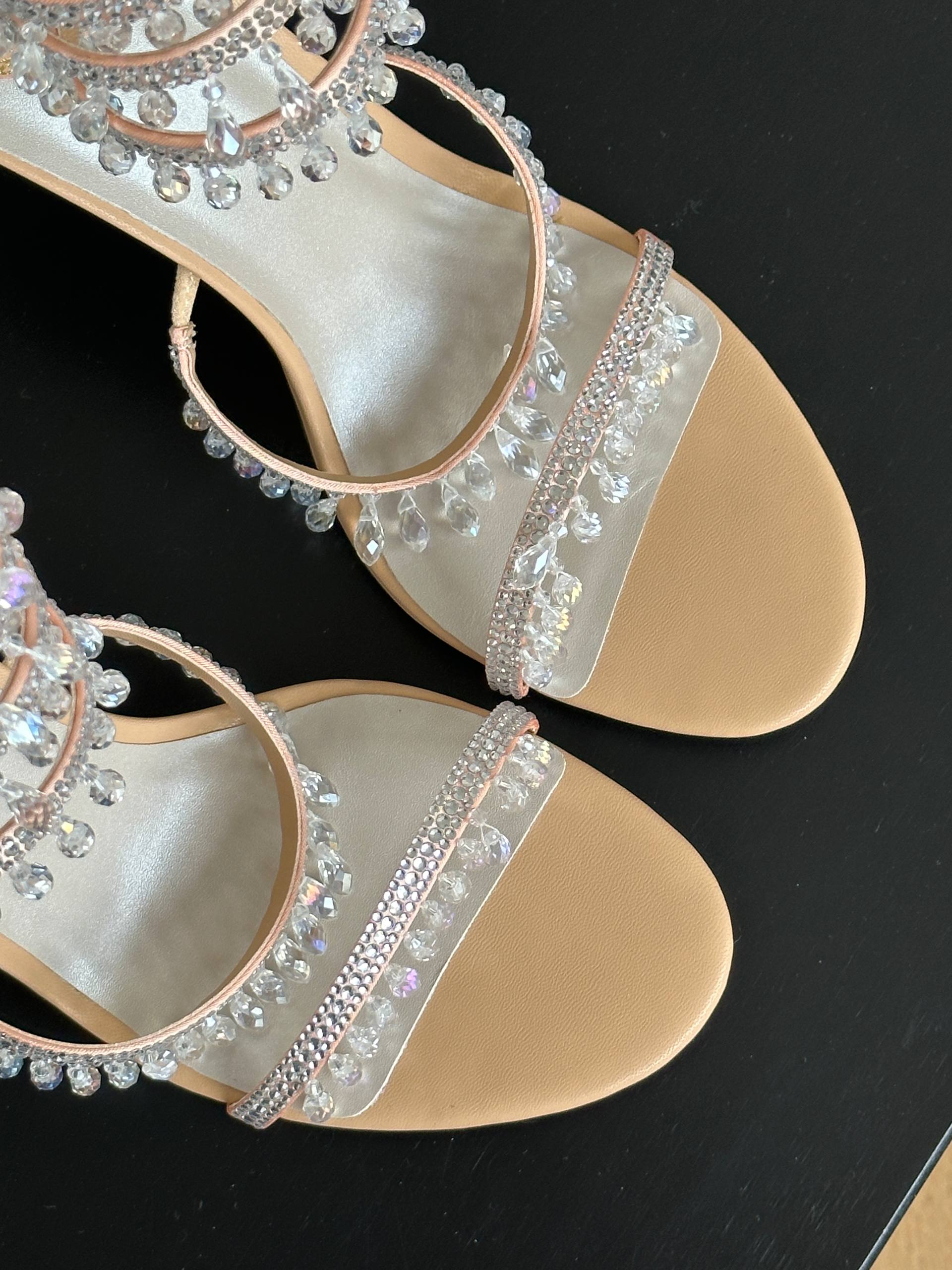 Rene Caovilla Nude Multi-layer Crystal Ankle Wrap Tassel Stiletto Heel Sandals
