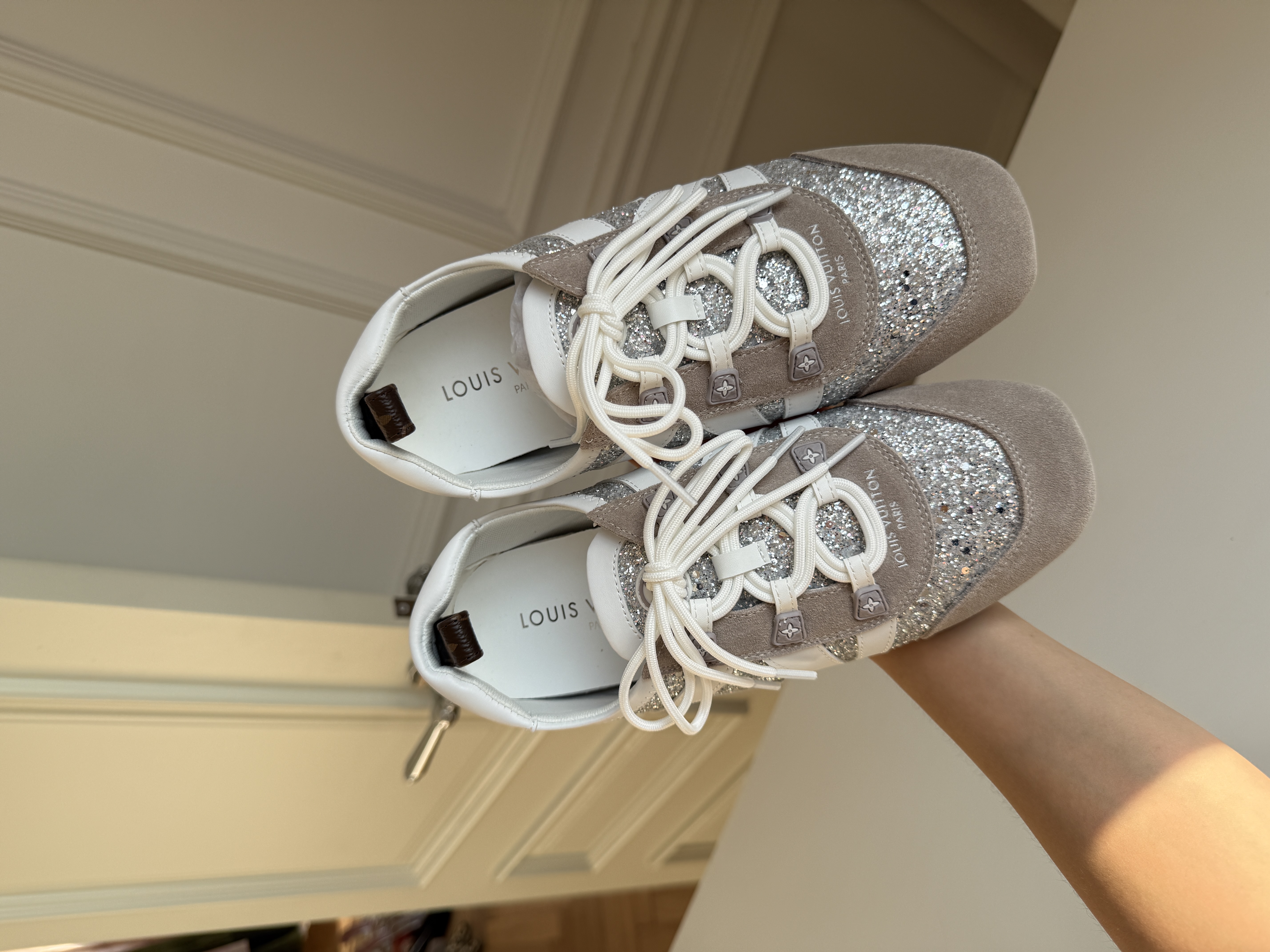 Louis Vuitton Silver Glitter & Suede Retro Low-top Sneakers
