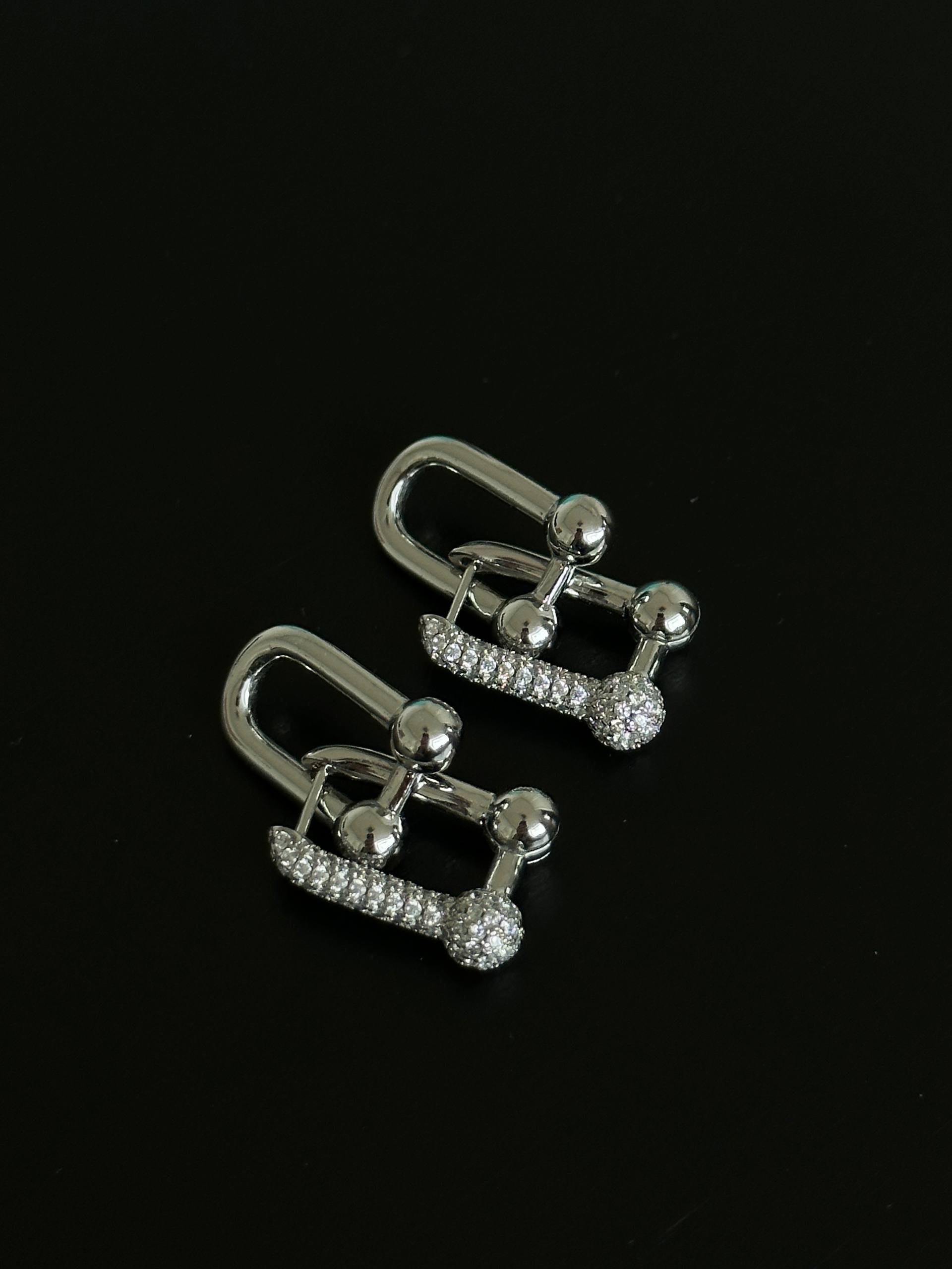 U Horseshoe Link Paved Crystal Ball Silver Ear Buckles