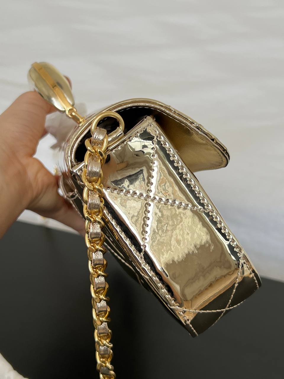 Chanel Gold Mirror Metallic Leather Long Kelly Top Handle Bag