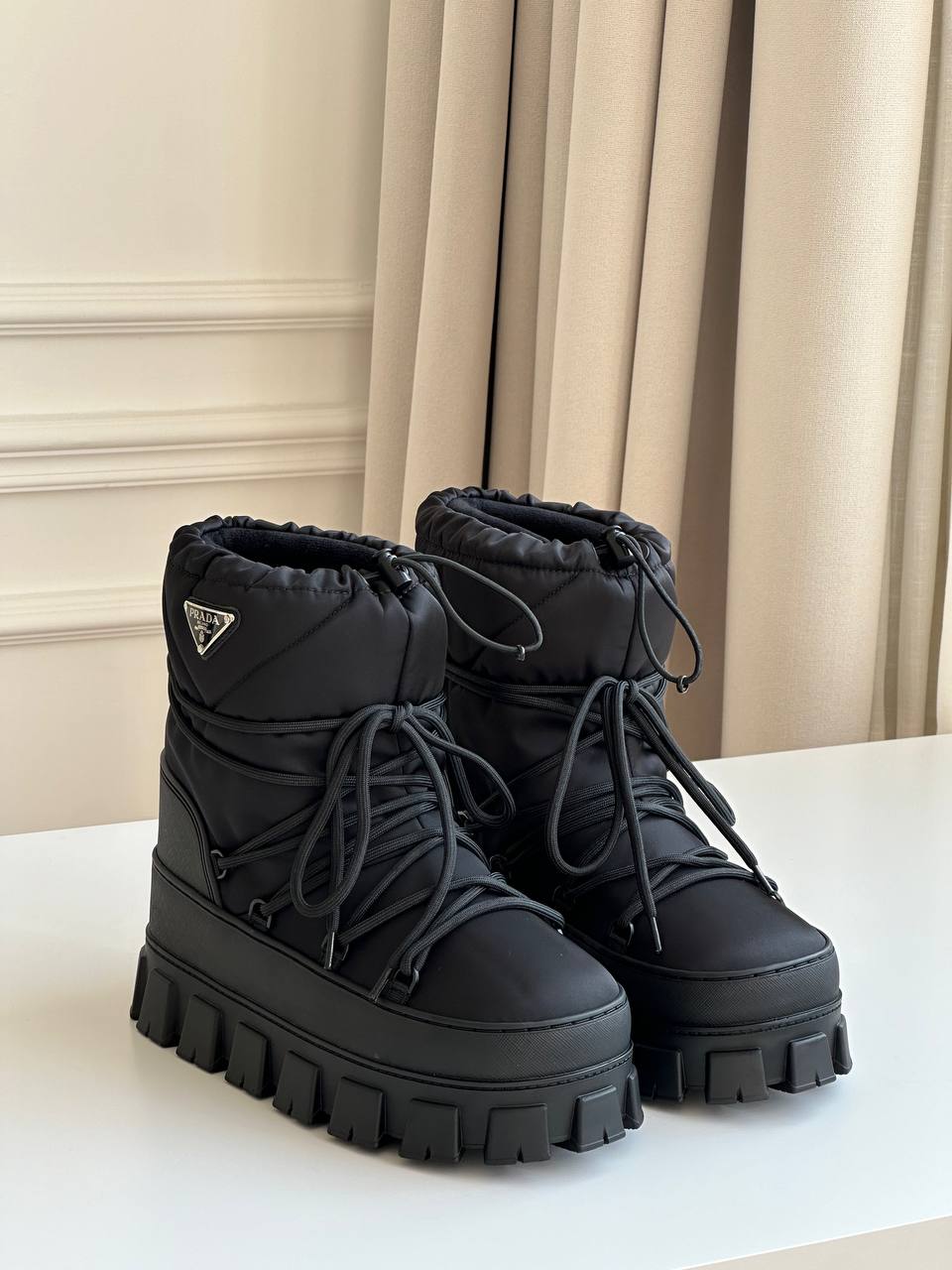 Prada Black Quilted Nylon Triangle Logo Platform Drawstring Lace-Up Snow Ankle Boots