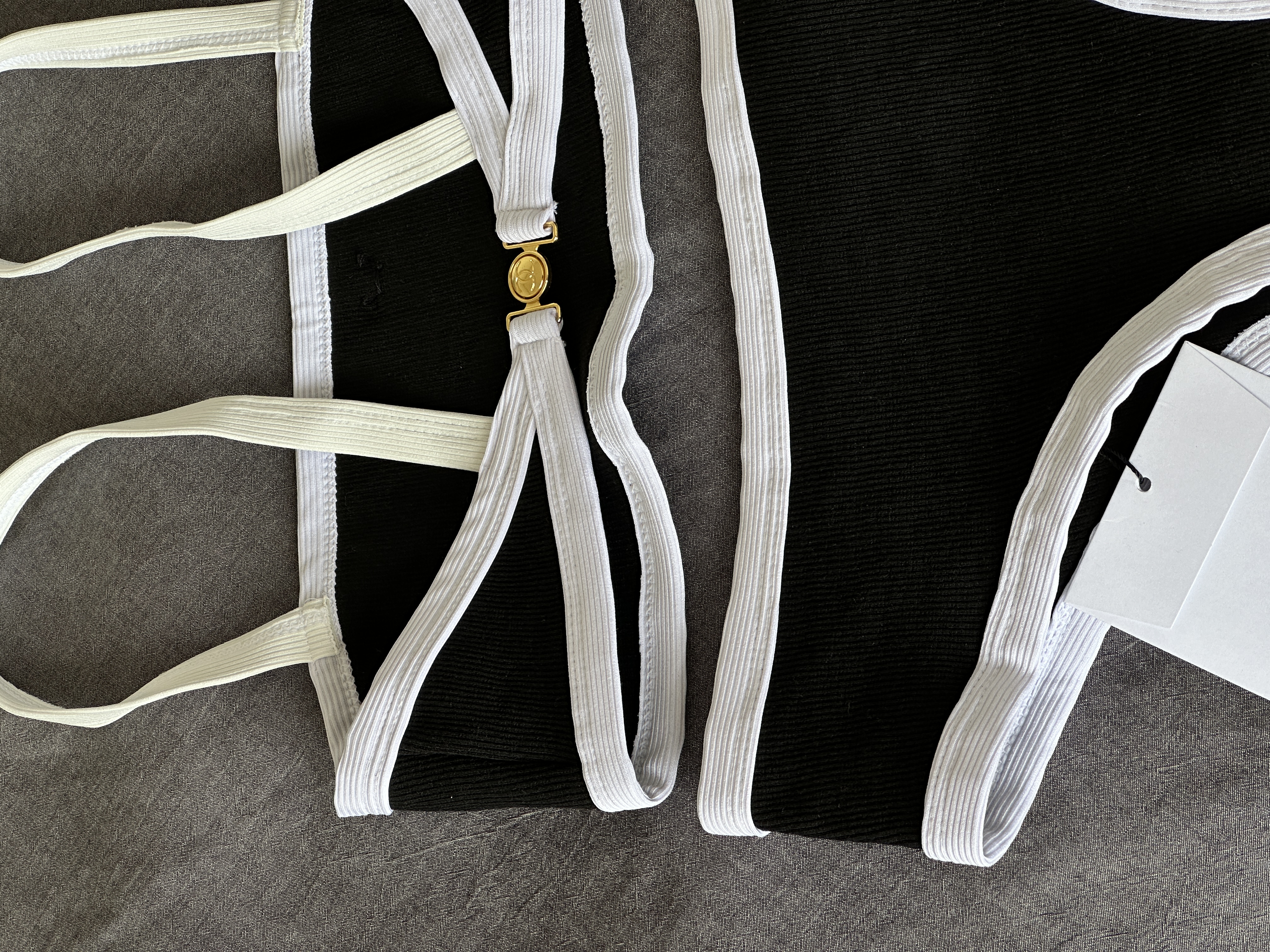 Chanel Black & White Ribbed Two-Piece Bikini Swimsuit with Crystal CC Logo