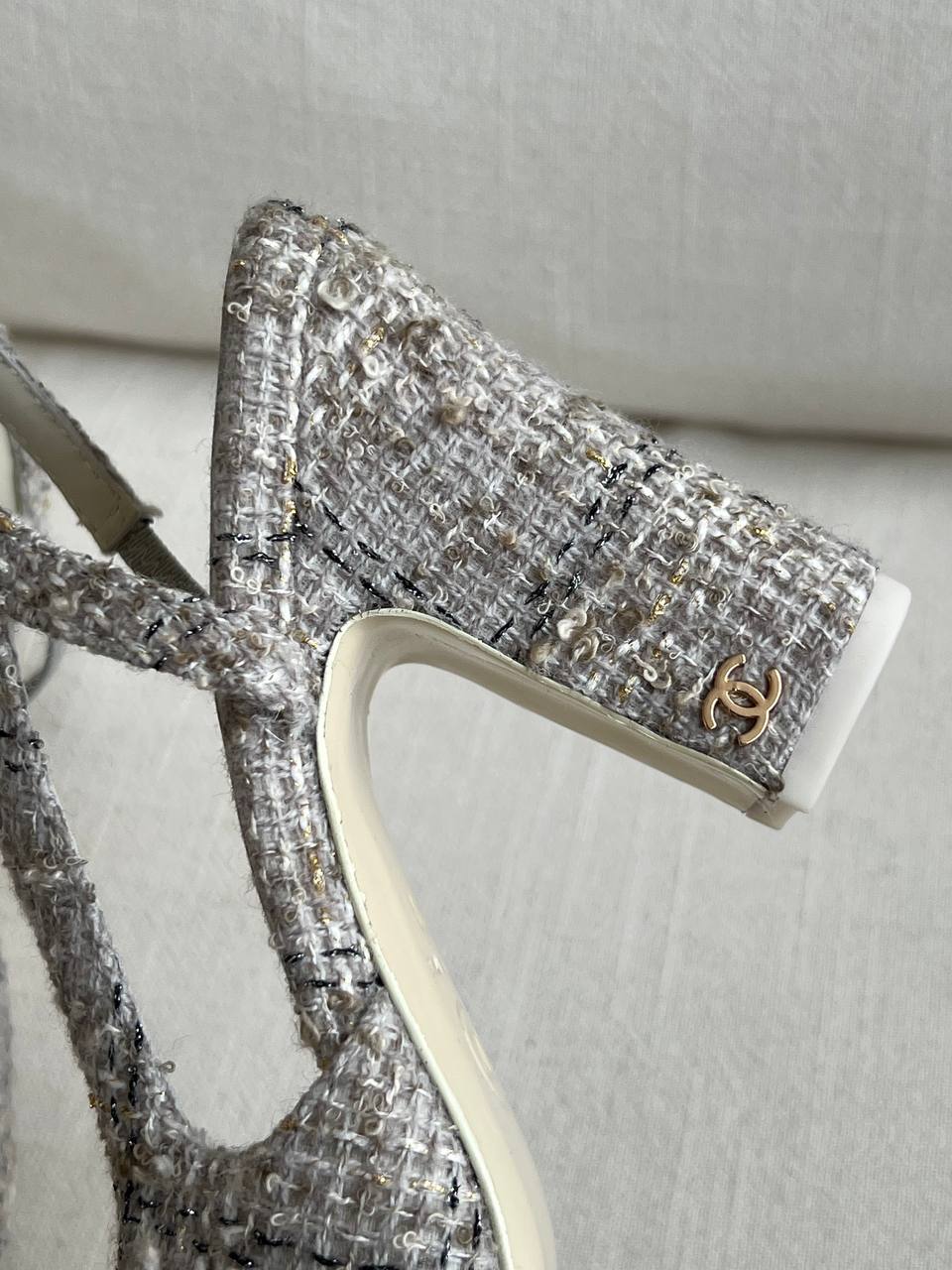 Chanel Grey Tweed & Lambskin Slingback Block Heel Sandals