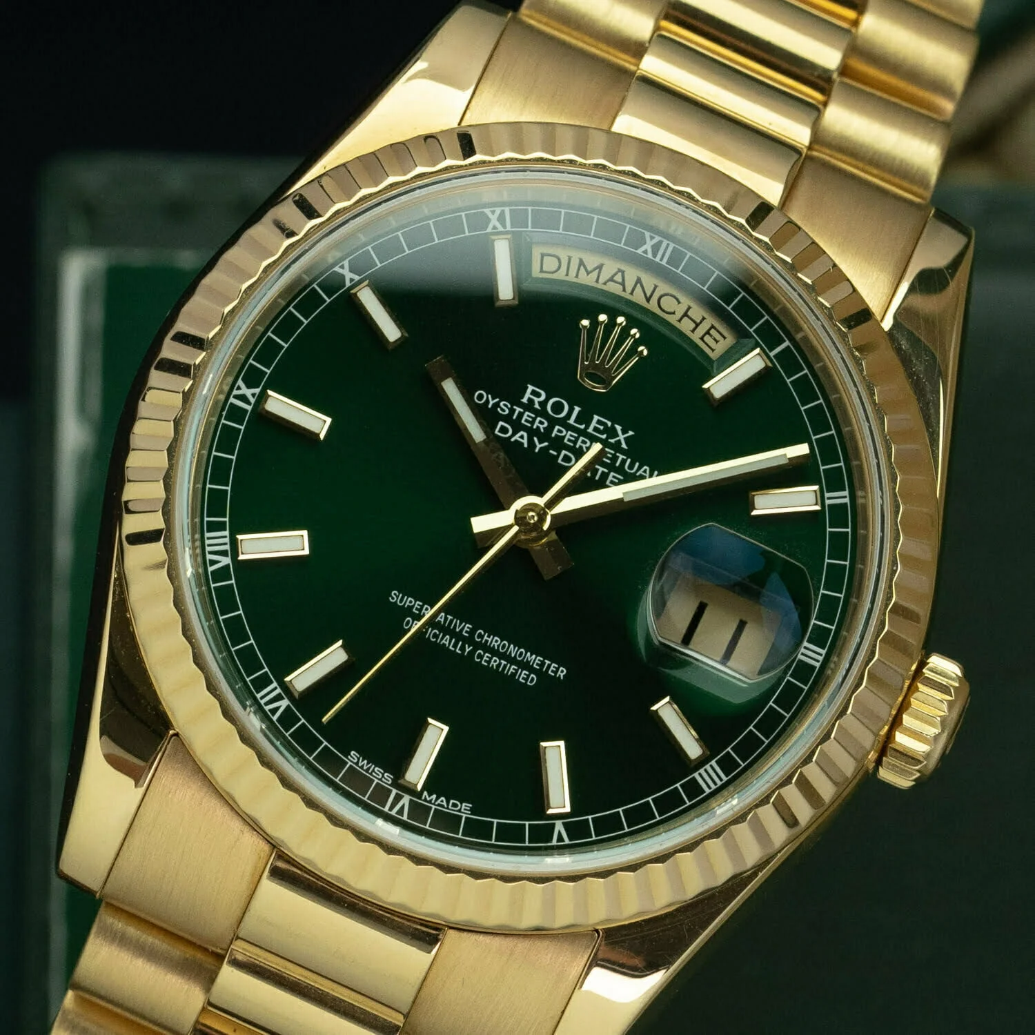 Rolex Day-Date 36 Yellow Gold Green Index Dial & Fluted Bezel President Bracelet 118238【1:1 Replica】