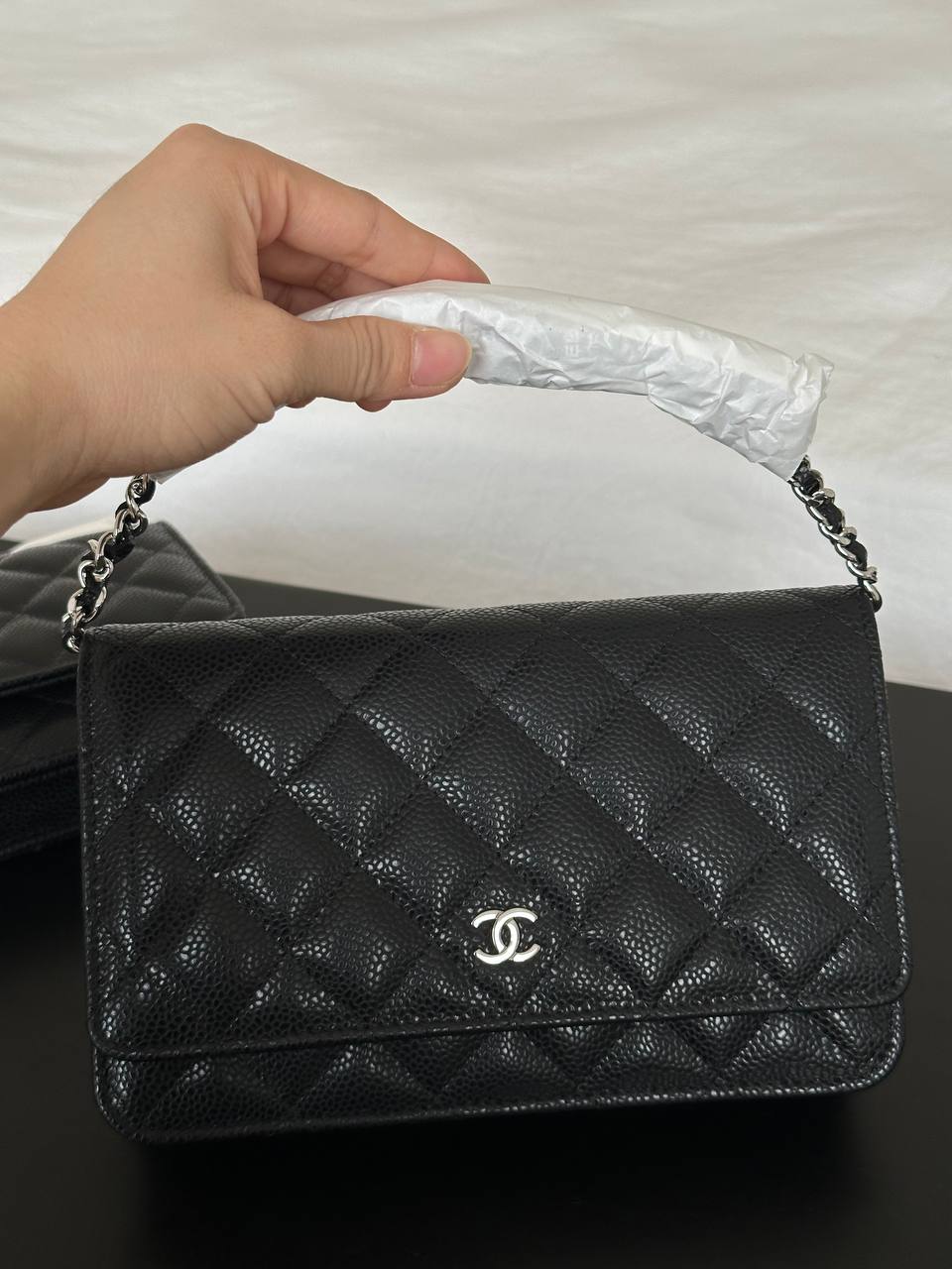 Chanel Black Caviar Leather Wallet On Chain Silver Hardware