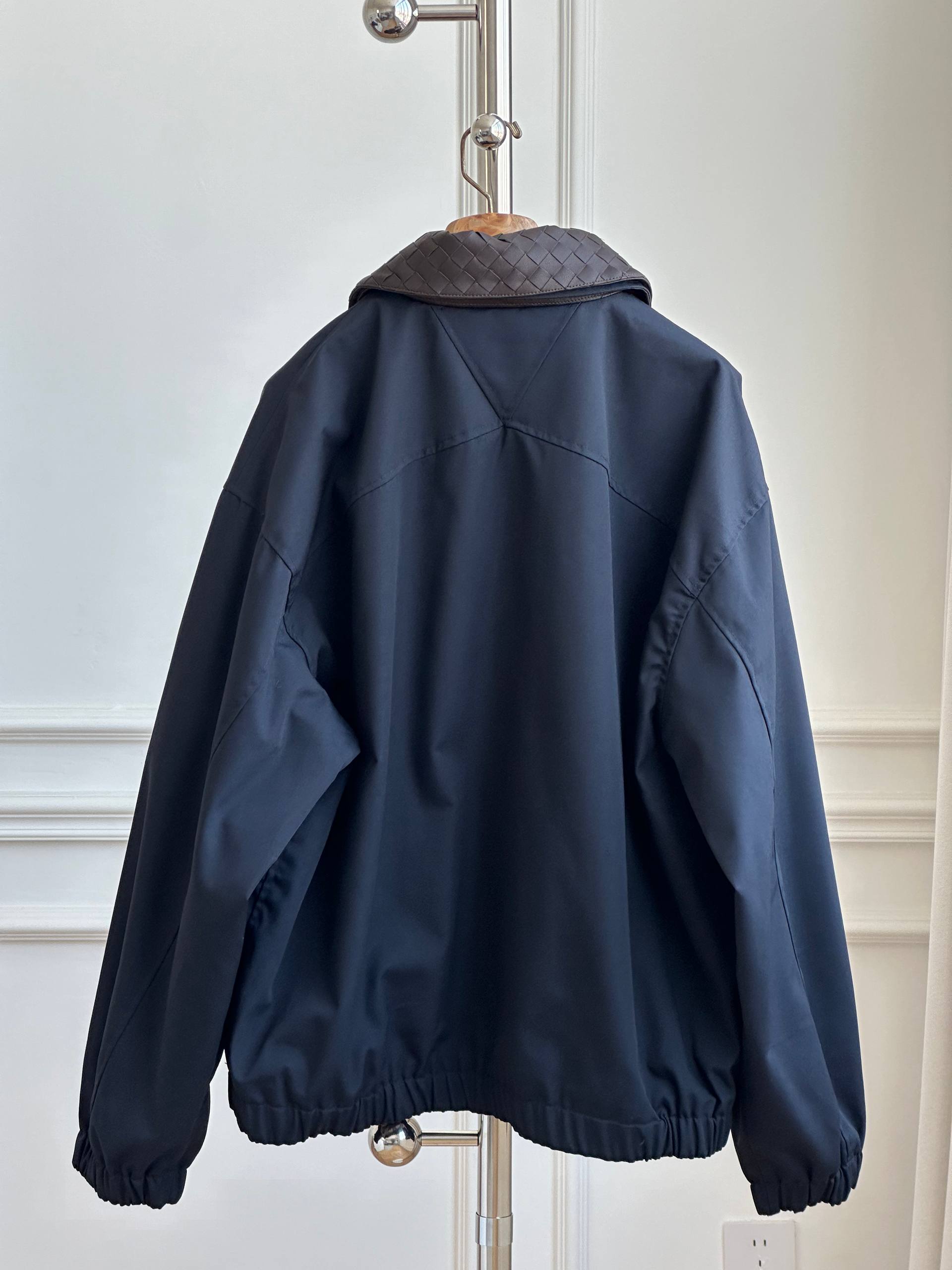 Bottega Veneta Cotton Twill Bomber Jacket with Intrecciato Leather Collar