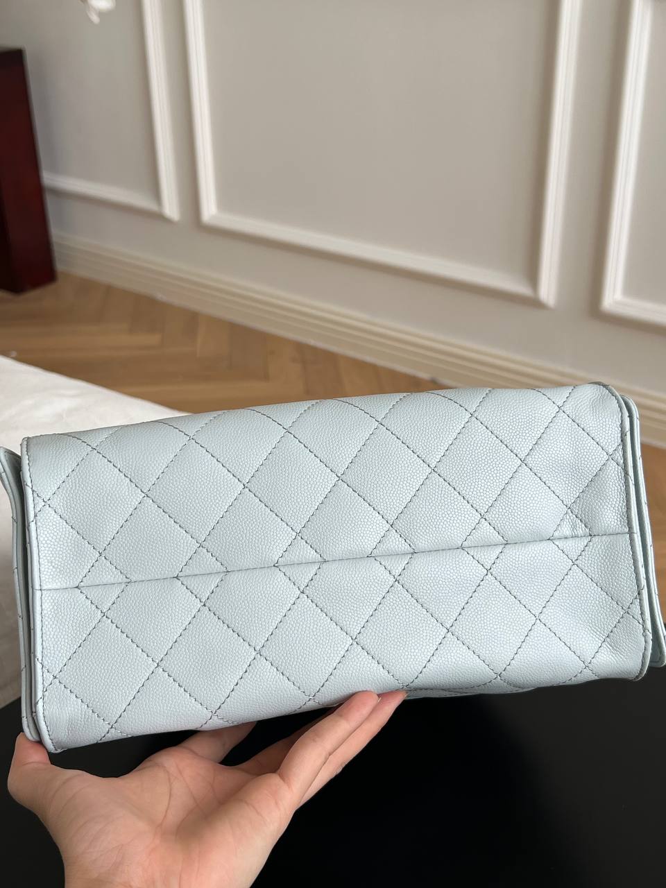 Chanel Pale Ice Blue Caviar Leather CC Drawstring Quilted Flap Bucket Bag