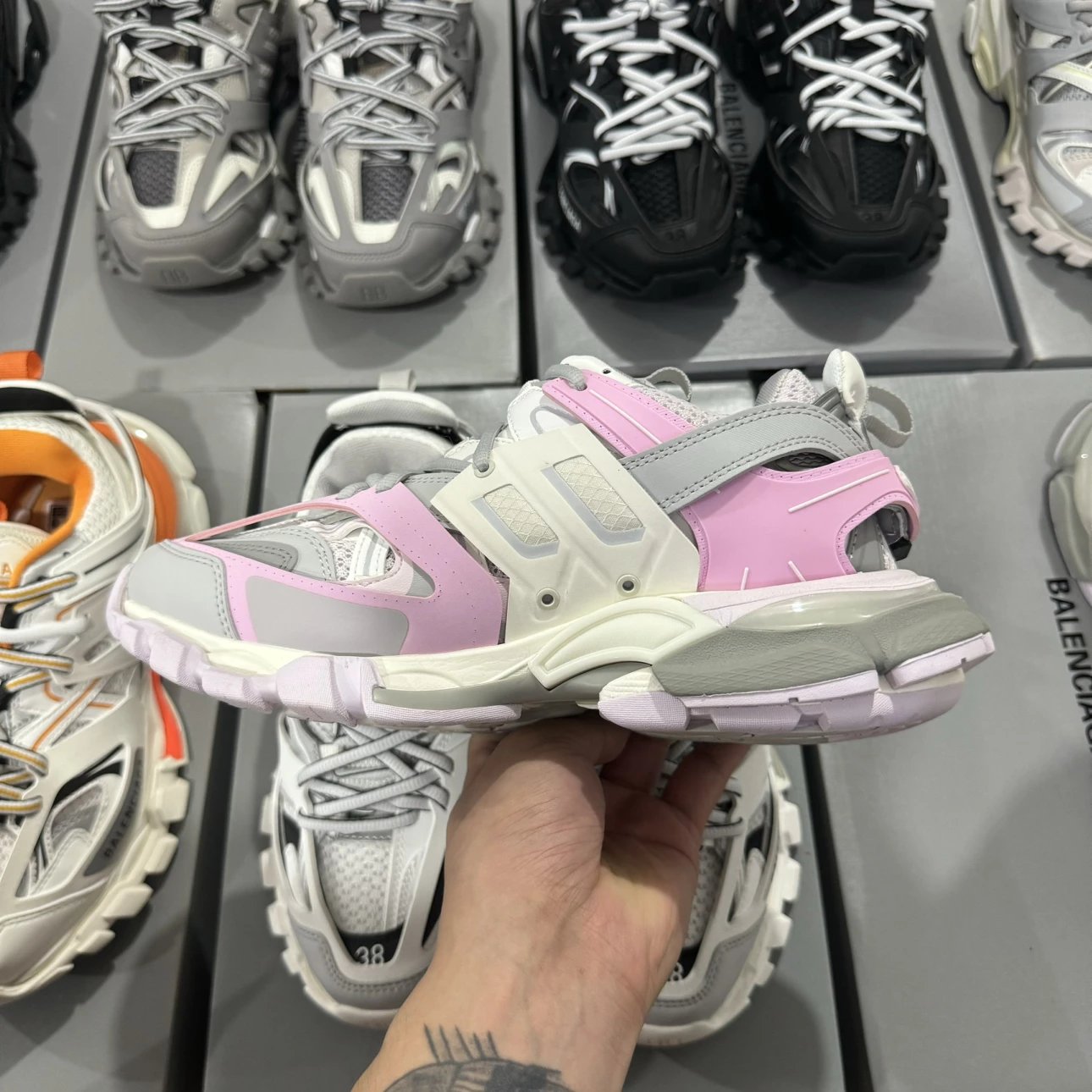 LED 1:1 Best Quality Balenciaga Track Shoes Pink & Grey