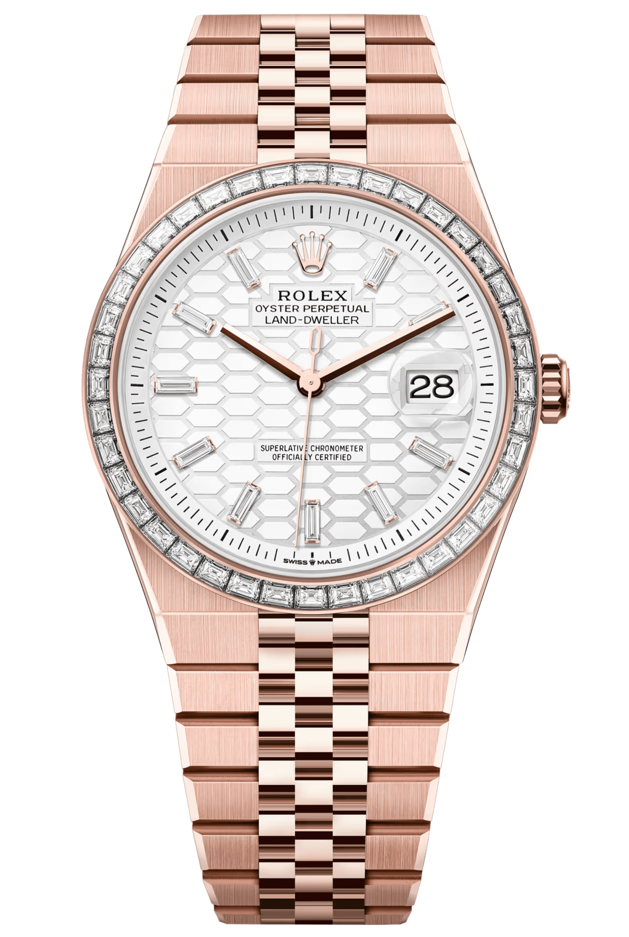 Rolex Land-Dweller 40mm Everose Gold Diamond Bezel White Honeycomb-Motif Diamond Baguette Dial Flat Jubilee - 127385TBR - New 2025【1:1 Replica】