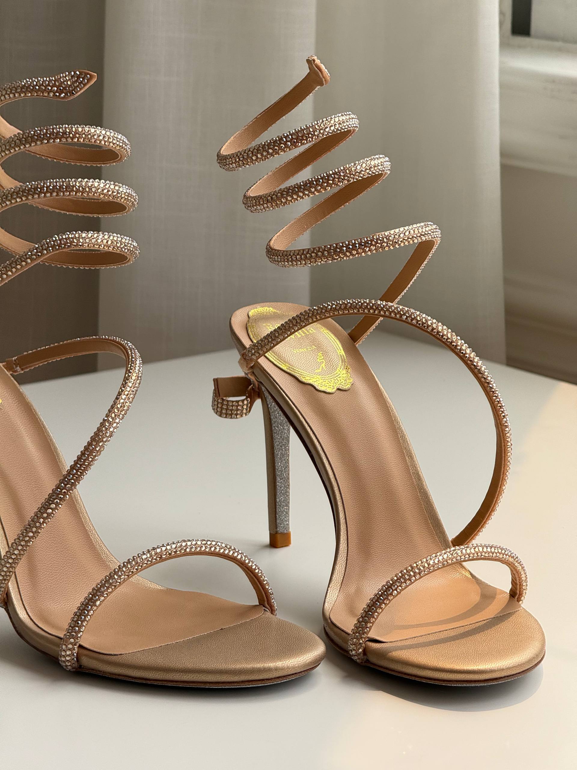 Rene Caovilla Cleo Series Nude Rhinestone Snake Wrap High-Heel Sandals