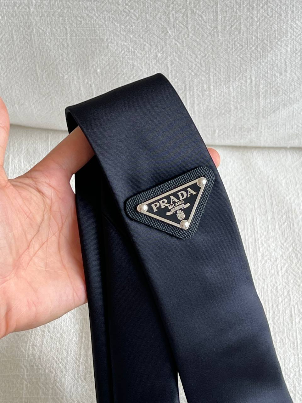 Prada Black Gloss Satin Narrow Necktie With Metal Triangle Logo Plaque