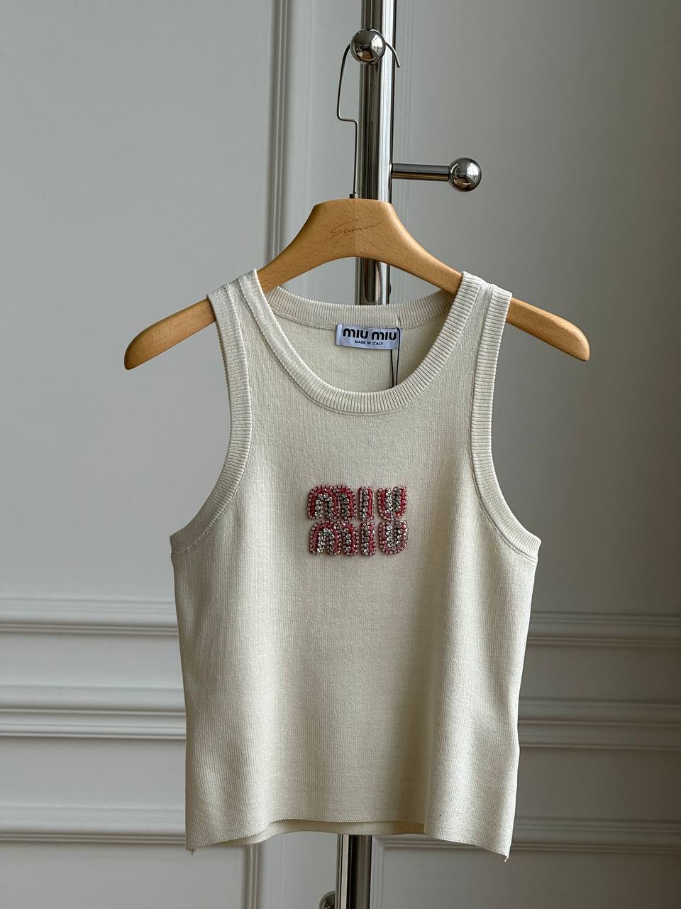 Miu Miu Crystal-Embellished Logo Knit Tank Top