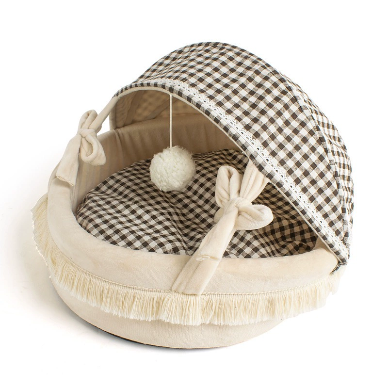 Beige Brown Gingham Canopy Cat Bed Plush Fringe Pom Pom Toy Semi Enclosed Nest for Small Dogs Cats - MAISONKAIRON
