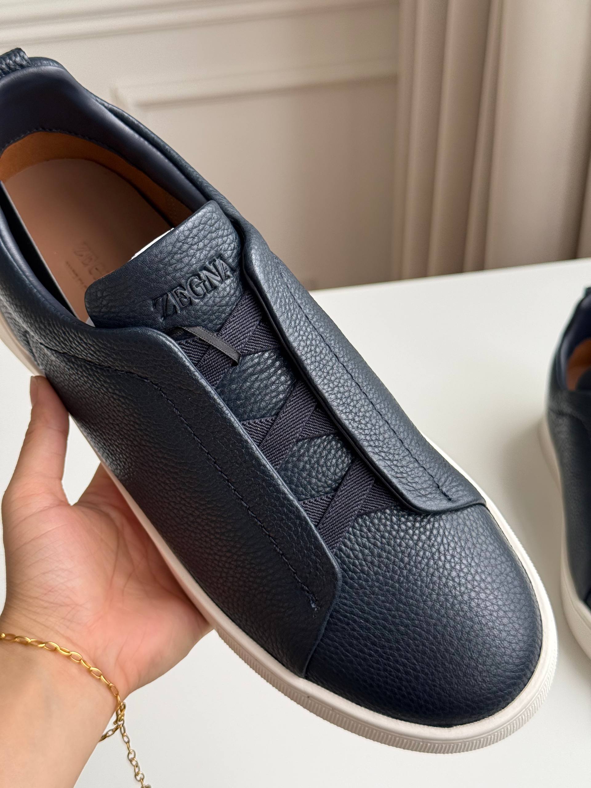 Zegna Triple Stitch Elastic Slip-On Leather Sneakers