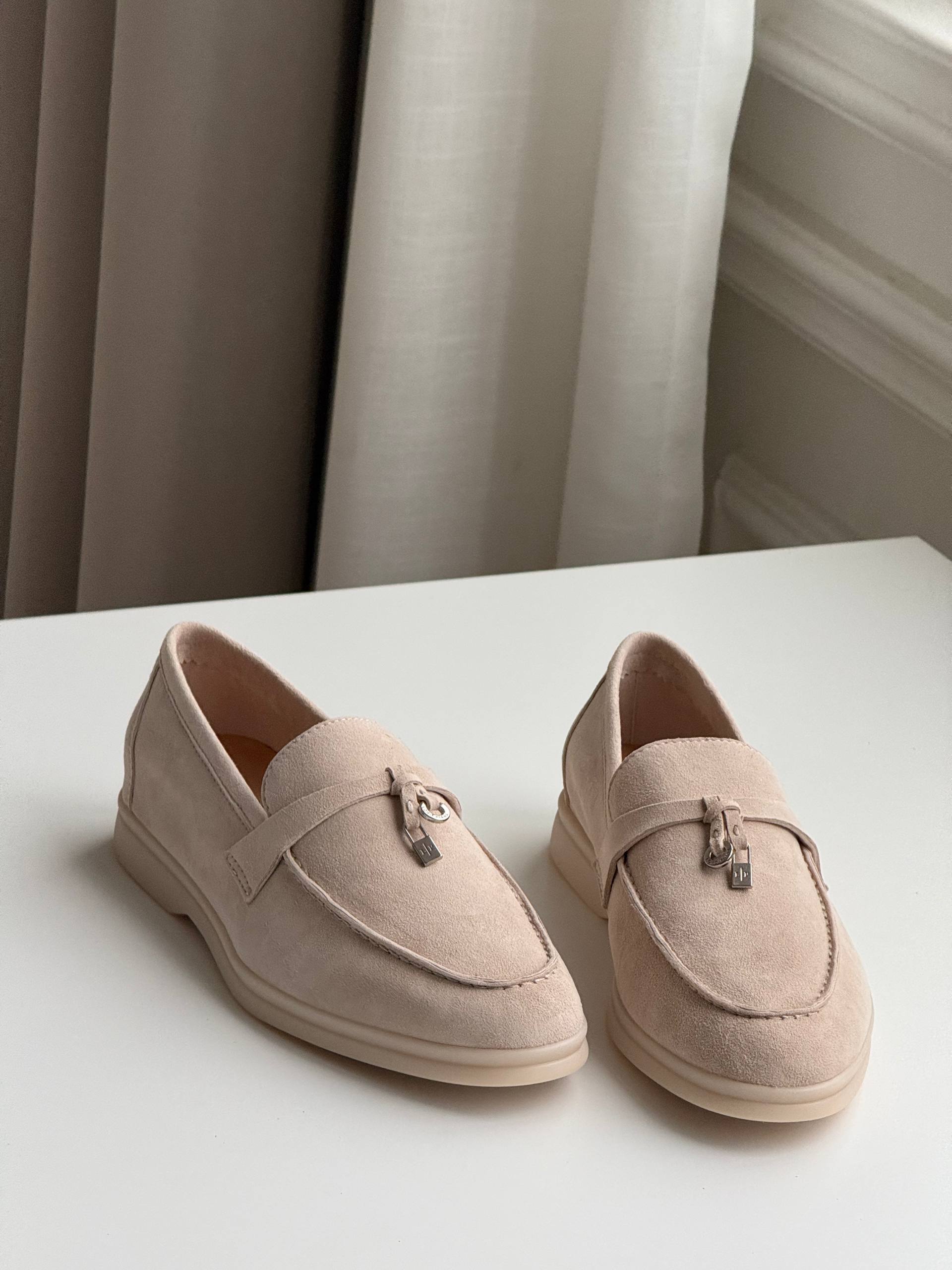 Loro Piana Beige Suede Lock Charm Casual Loafers