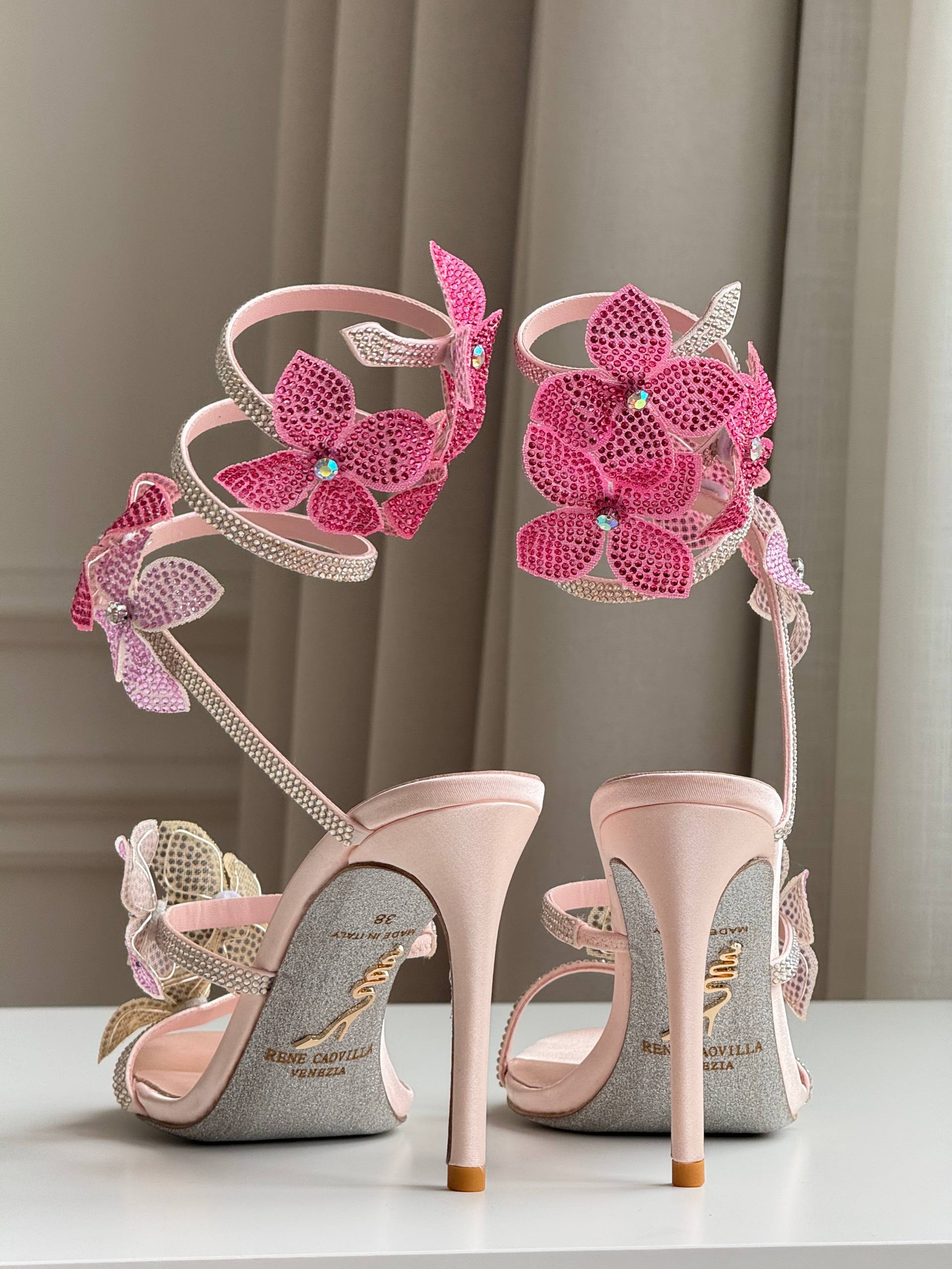 Rene Caovilla Gradient Crystal Flower Wrap-Around Ankle Strap High Heel Sandals