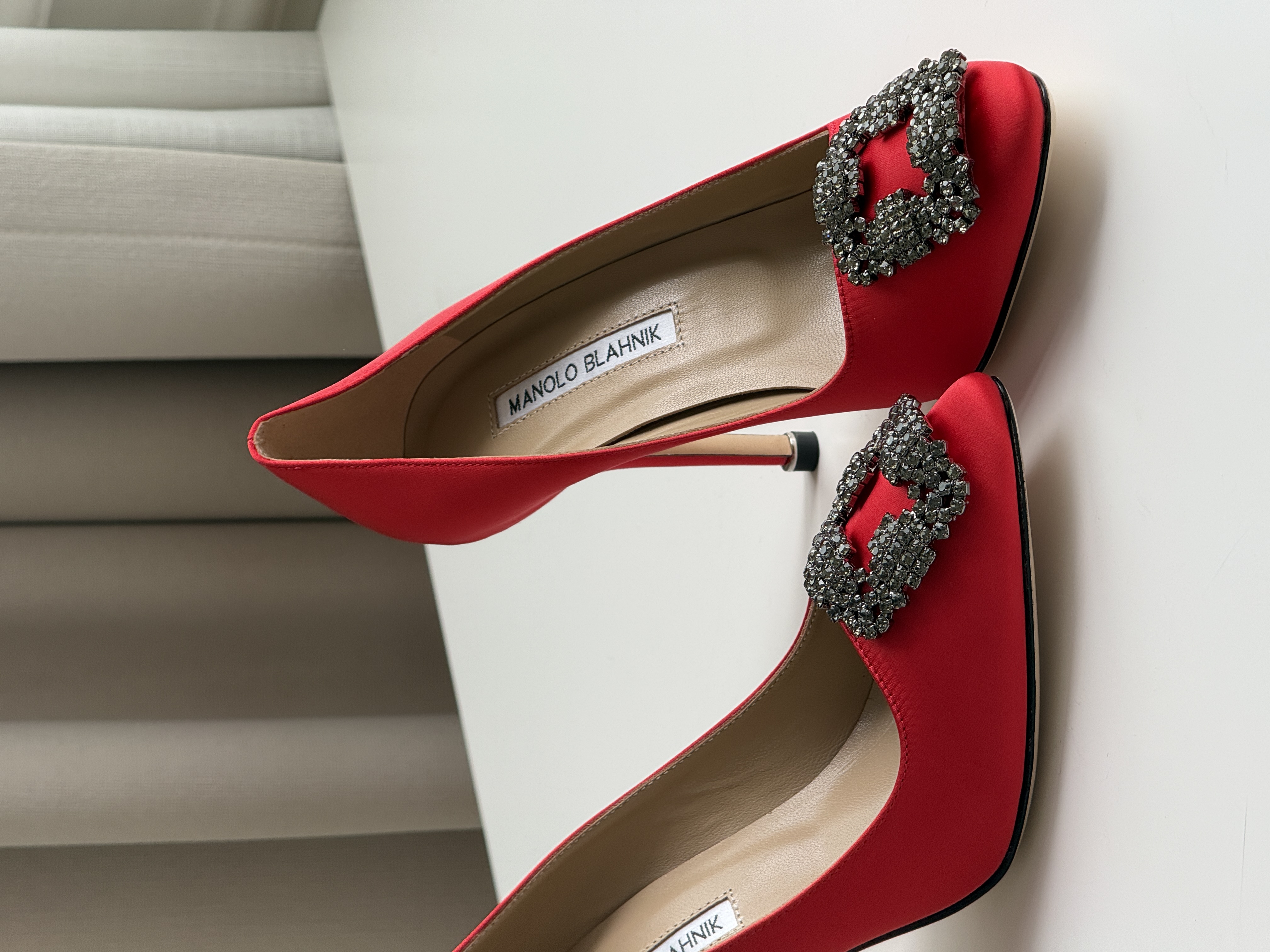 Manolo Blahnik Hangisi Red Satin Jewel Buckle Pumps