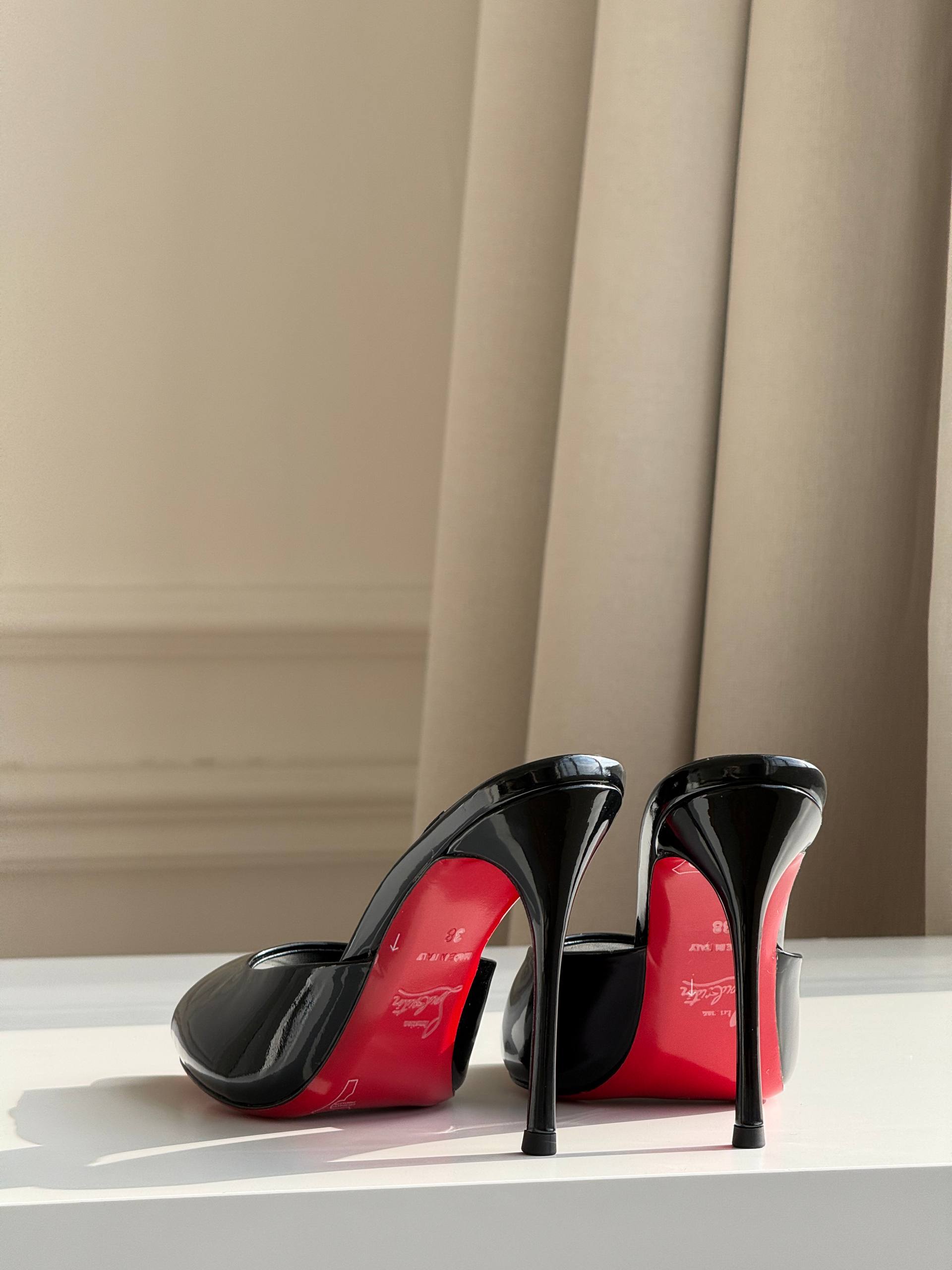 Christian Louboutin Patent Leather Peep-Toe Mule Heels with Red Sole