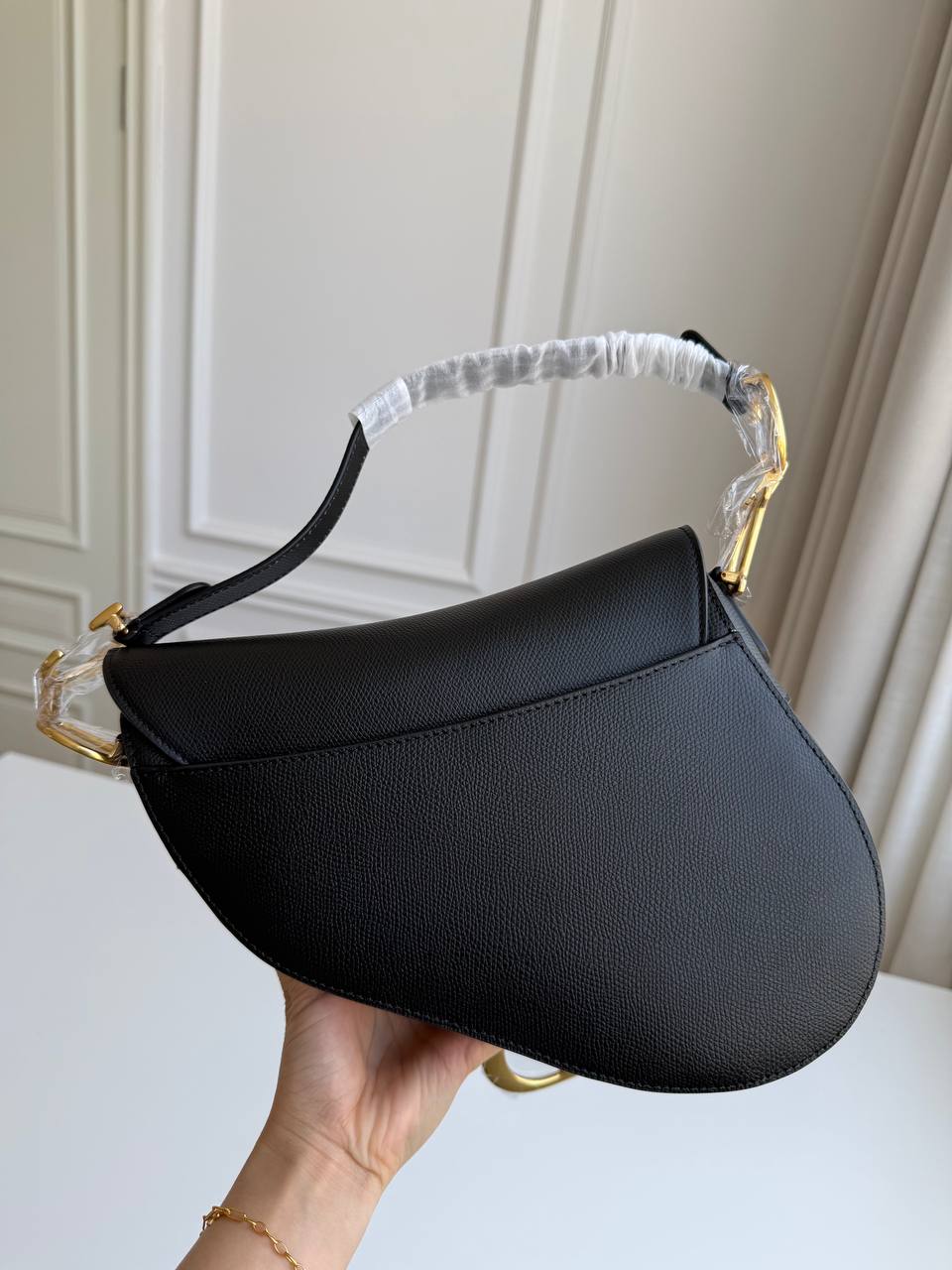 Dior Medium Saddle Bag in Black Grained Calfskin with Strap