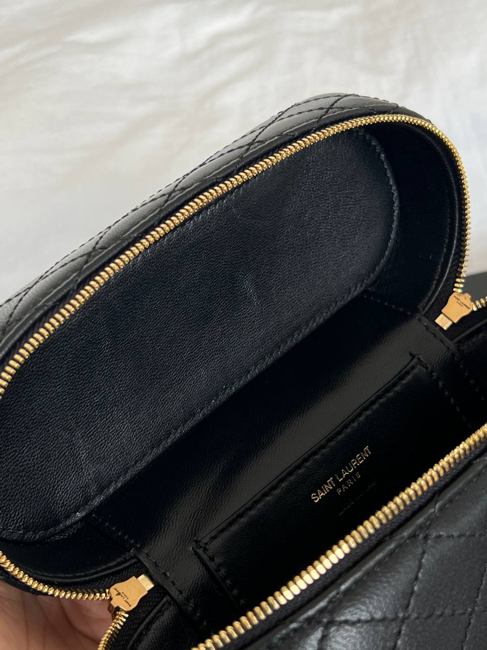 Yves Saint Laurent Black Caviar Quilted Gold Logo Top Handle Mini Vanity Box Bag