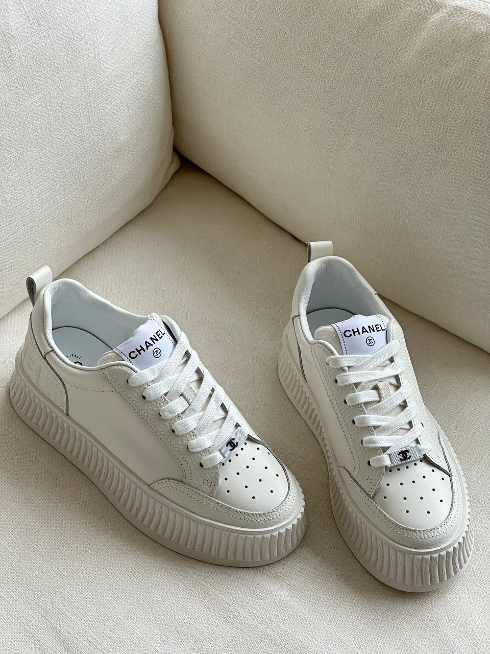 Chanel Off-white Mixed Leather Platform Cookie Sneakers