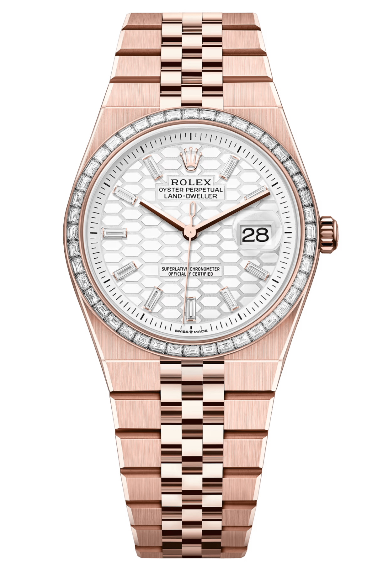Rolex Land-Dweller 36mm Everose Gold Diamond Bezel White Honeycomb-Motif Diamond Baguette Dial Flat Jubilee - 127285TBR - New 2025【1:1 Replica】