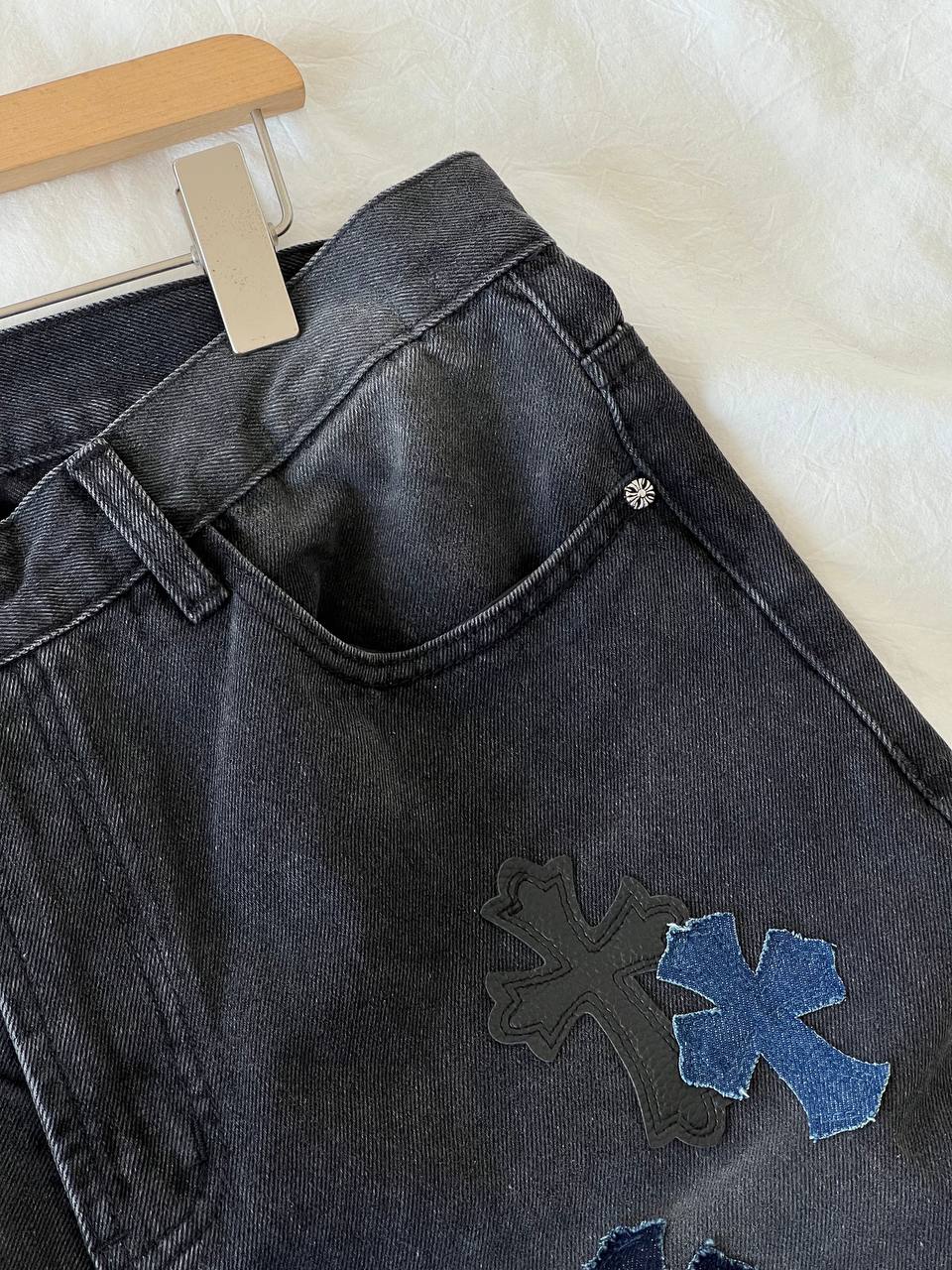 Chrome Hearts Black Washed Denim Jeans with Cross Patch Details