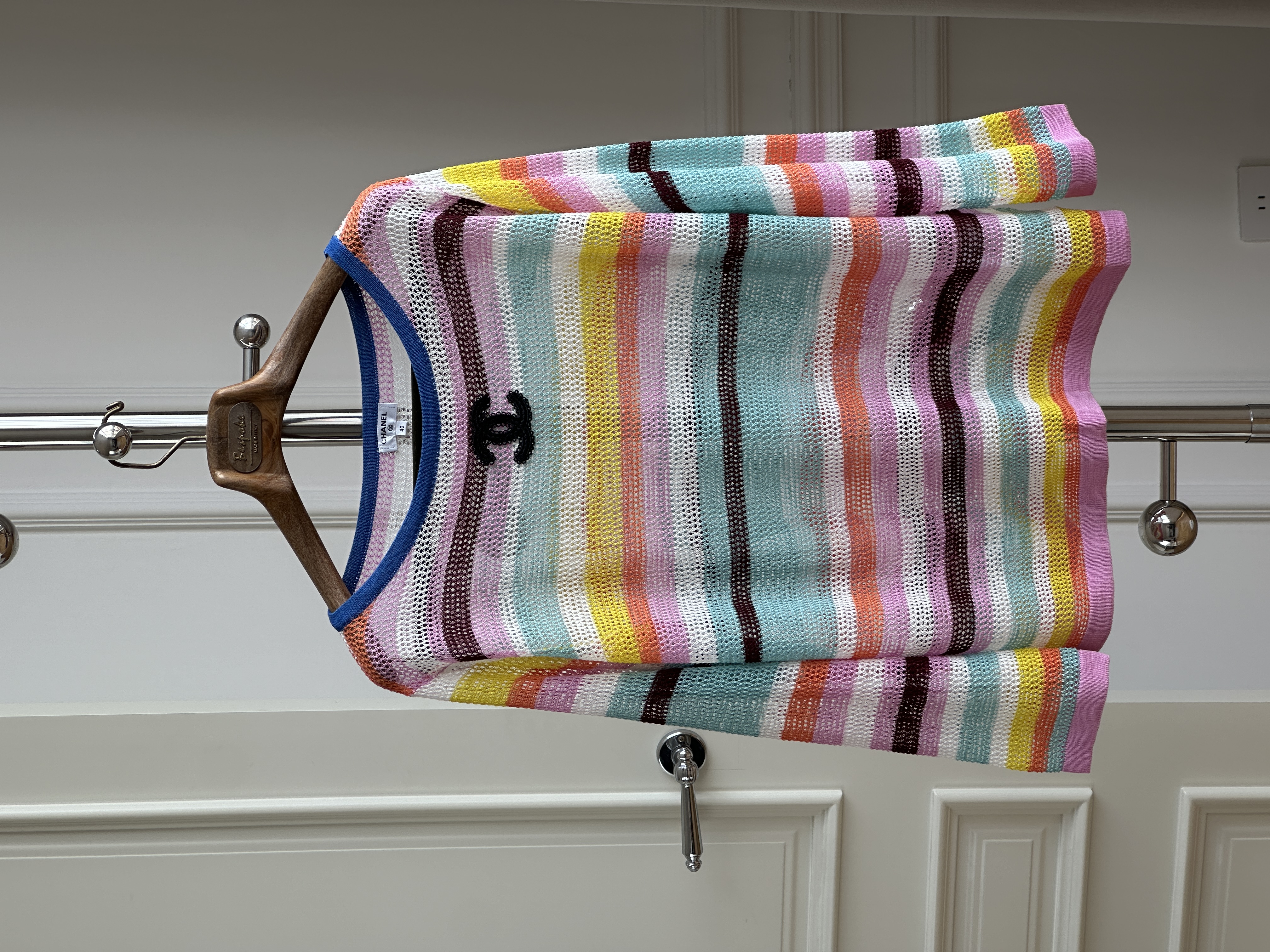 Chanel Macaron Rainbow Stripe Hollow Mesh Knit Top With Black Embroidered Interlocking CC Logo