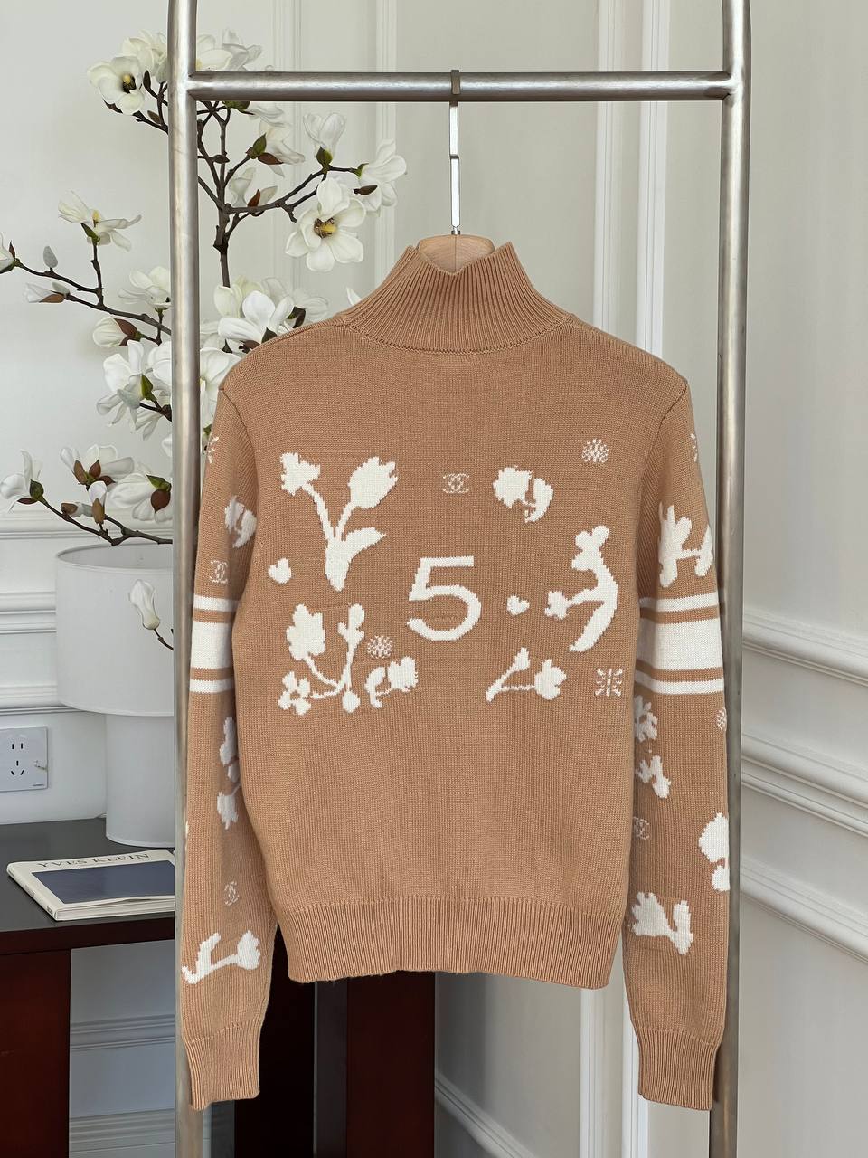Chanel Camel Wool Turtleneck Sweater With White Floral & CC Intarsia Pattern