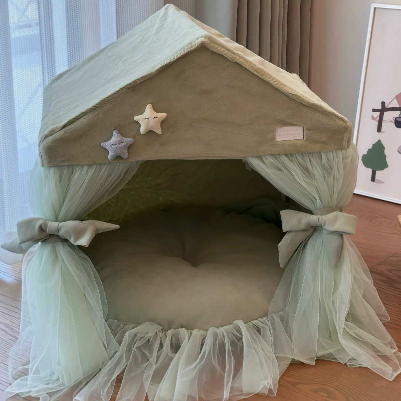 Cozy Star Decor Tulle Curtain Pet House Soft Plush Dog Cat Tent Removable Cushion Indoor Puppy Kitten Bed - MAISONKAIRON