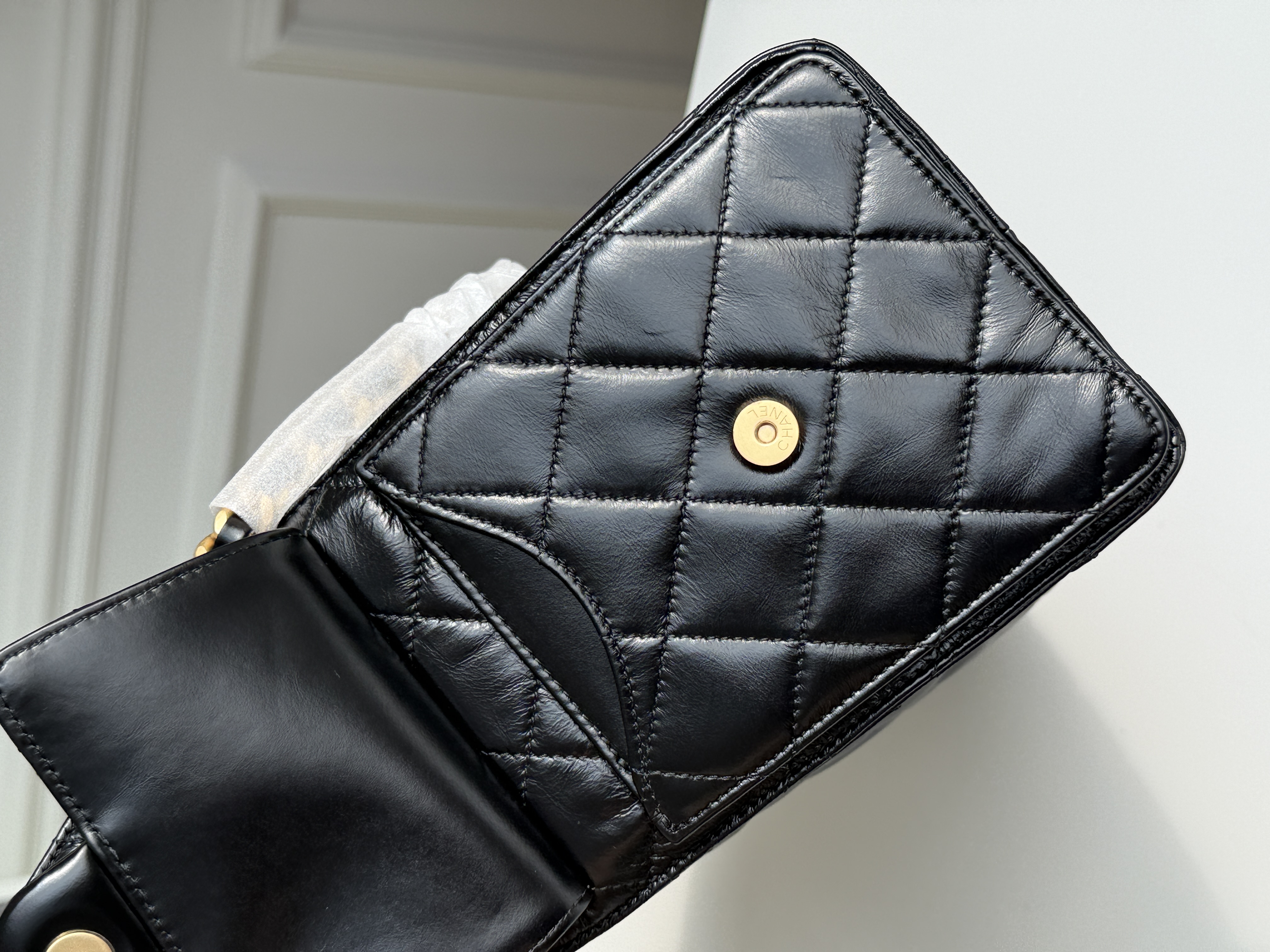 Chanel 25C Black Gold Waxed Leather Drawstring Hobo Bag