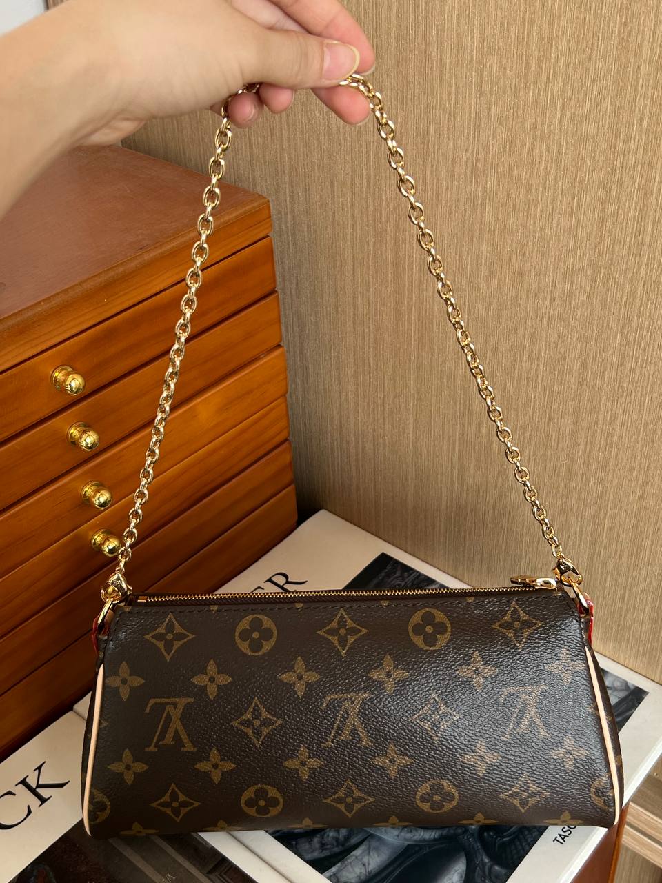Louis Vuitton Monogram Zip Shoulder Bag with Gold Nameplate Chain Strap