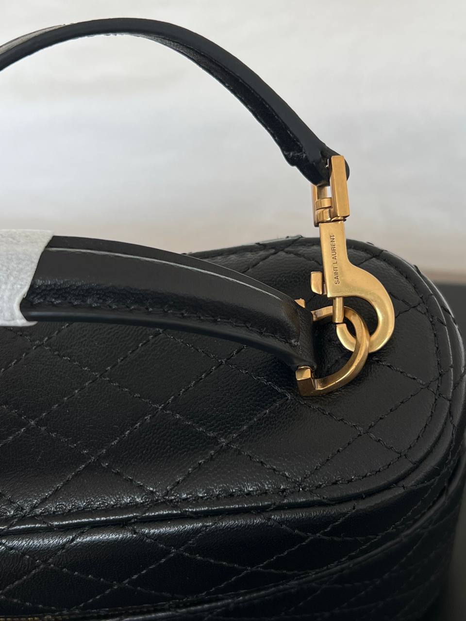 Yves Saint Laurent Black Caviar Quilted Gold Logo Top Handle Mini Vanity Box Bag