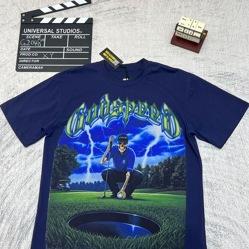 Godspeed Skeleton Golfer Lightning Graphic Vintage Short Sleeve T‑Shirt