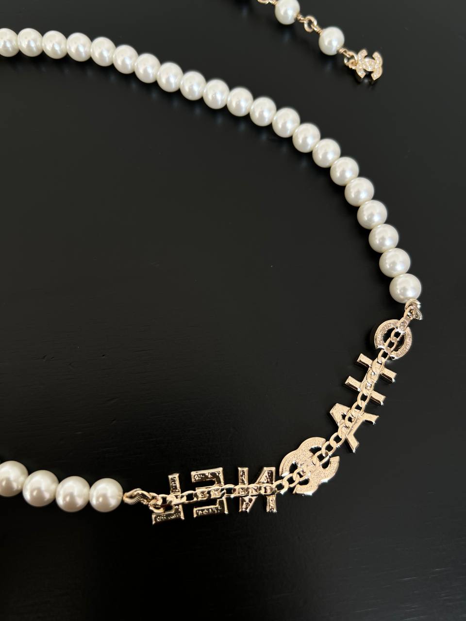 Chanel White Pearl Long Necklace With Crystal Encrusted Letter Logo