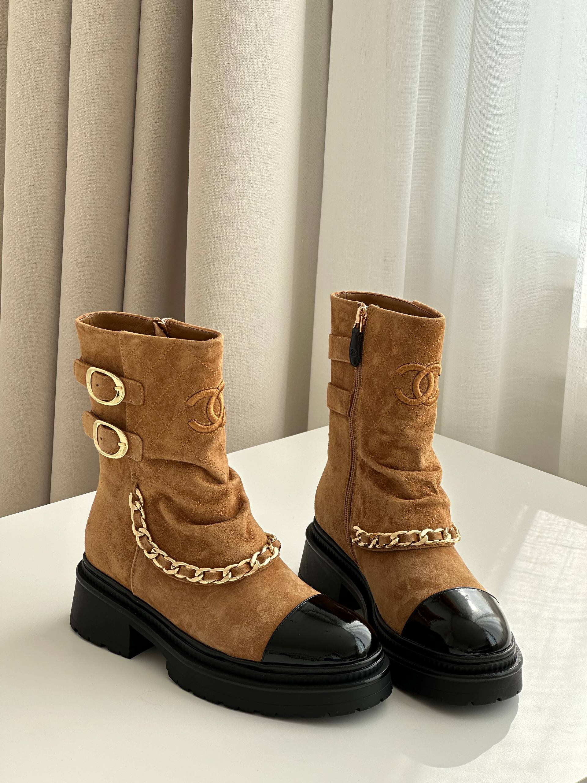 Chanel Quilted Suede & Patent Calfskin Cap-Toe Ankle Boots with Chain Detail