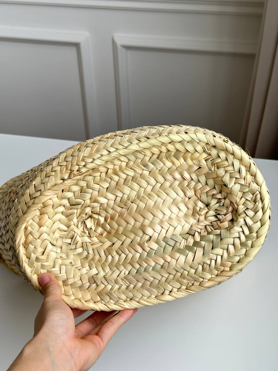 LOEWE Natural Palm Leaf & Off-White Leather Anagram Embossed Basket Tote Bag